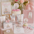Tea Party Birthday Bundle | Girls Pink Floral Party Kit | 13 Pieces | Editable Corjl Template | Instant Download