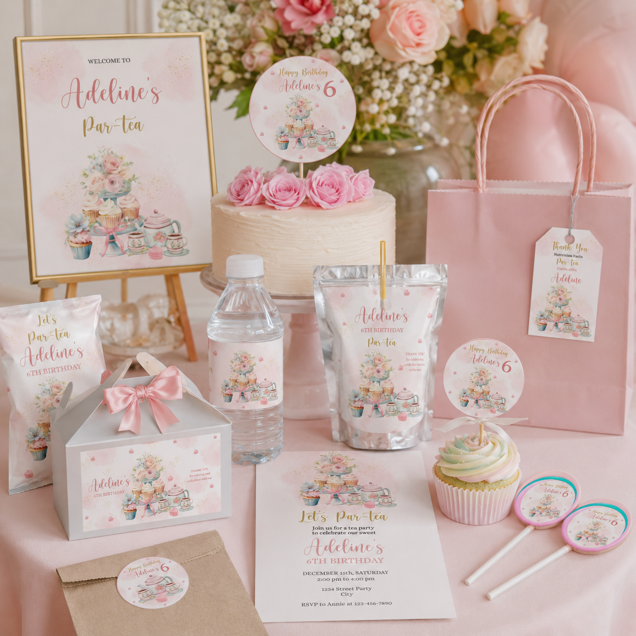 Tea Party Birthday Bundle | Girls Pink Floral Party Kit | 13 Pieces | Editable Corjl Template | Instant Download