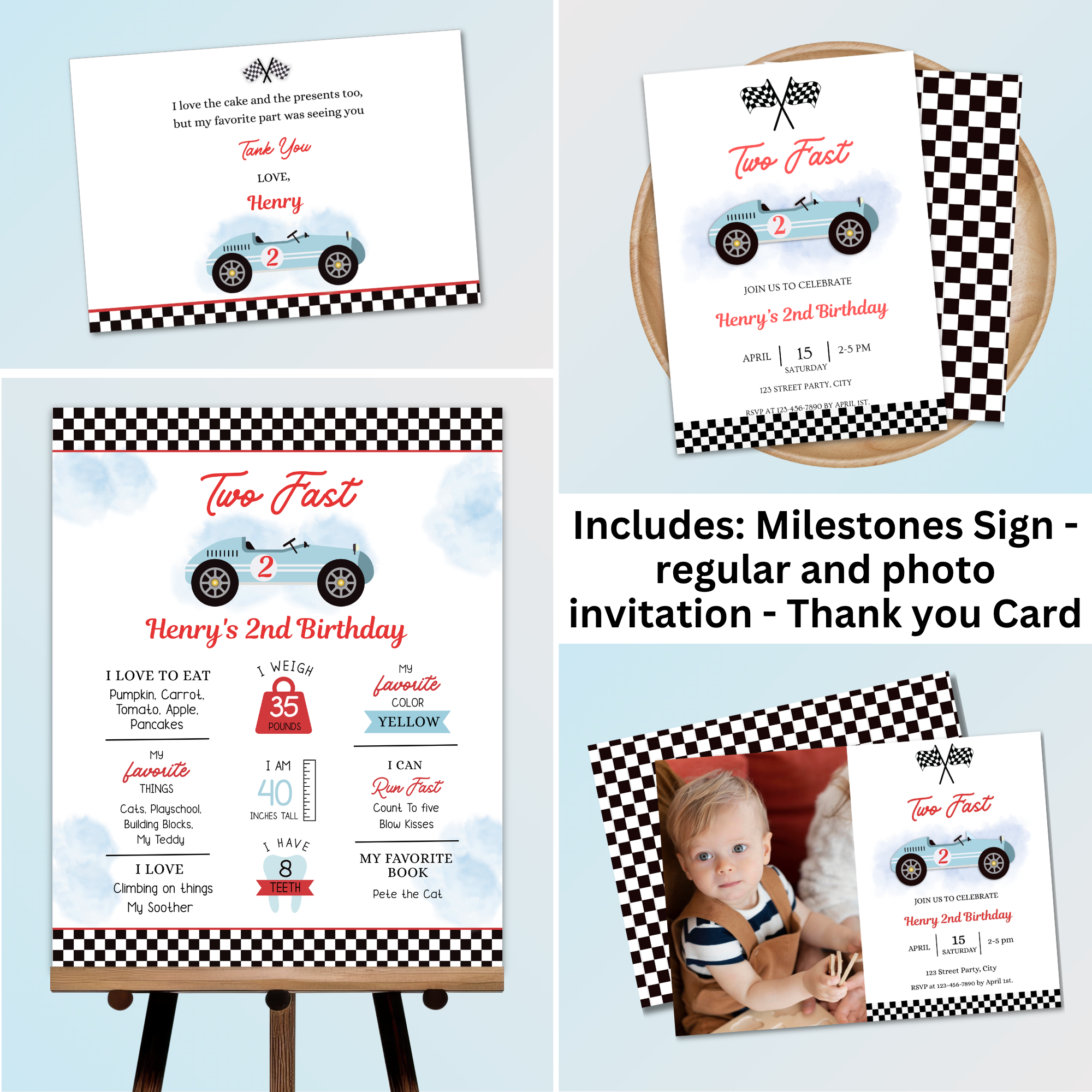 Two Fast Birthday Bundle | Race Car Party Kit Boy | 16 Pieces | Editable Corjl Template | Instant Download