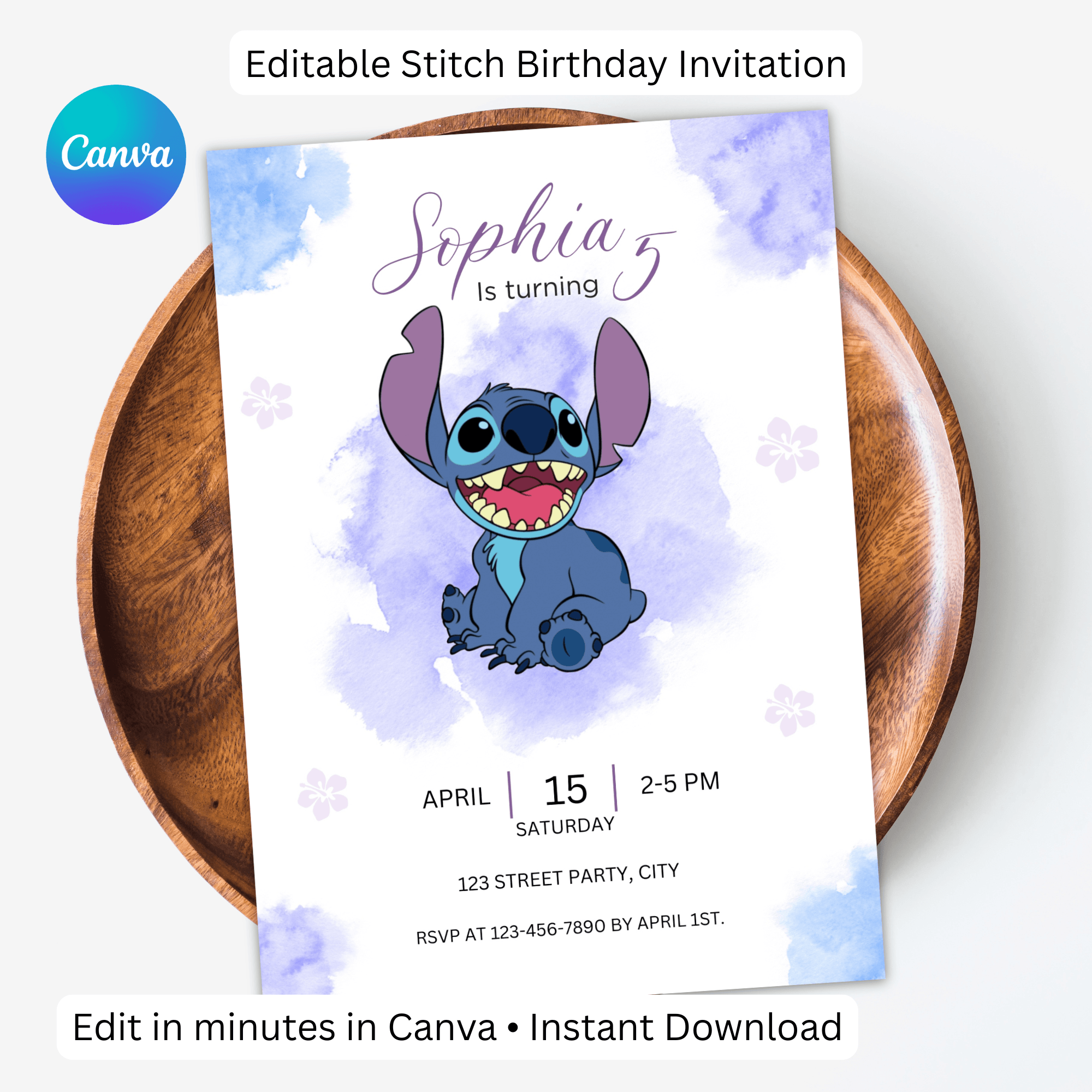 Stitch Watercolor Birthday Invitation - Instant Download Digital Template