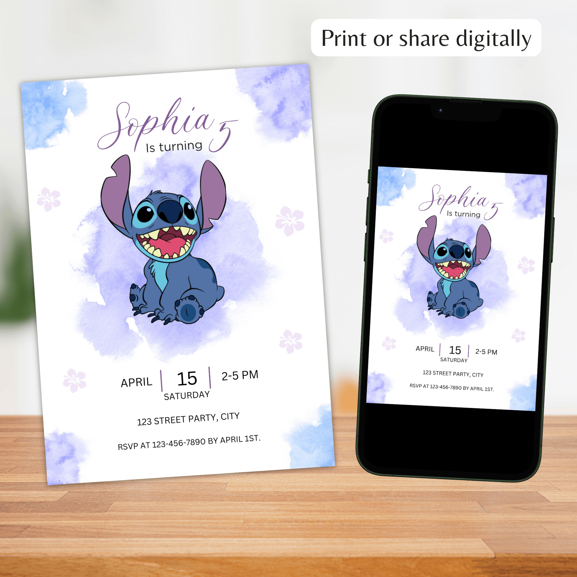 Stitch Watercolor Birthday Invitation - Instant Download Digital Template