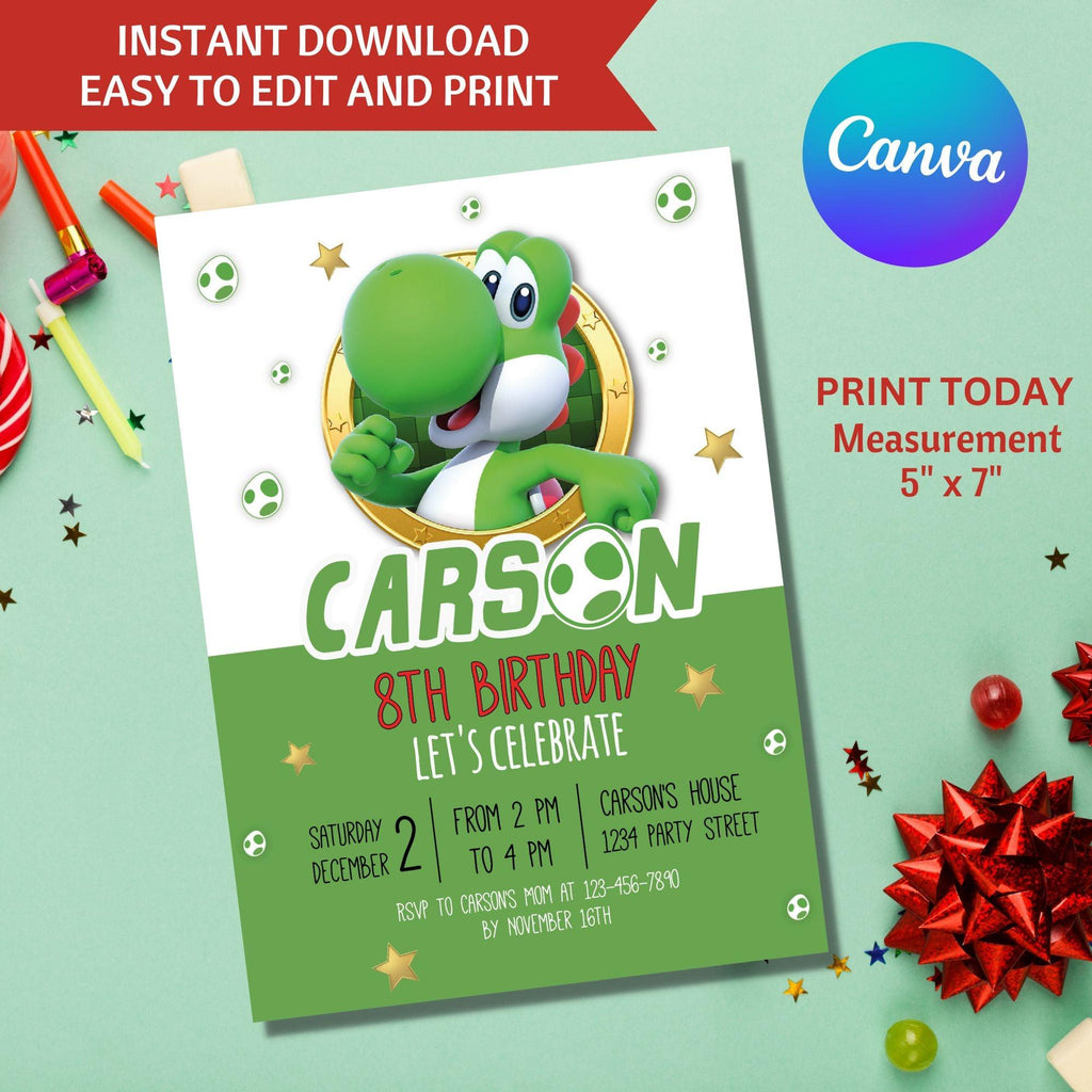 Yoshi Birthday Invitation Editable Template - Nintendo Party Invite Digital Download