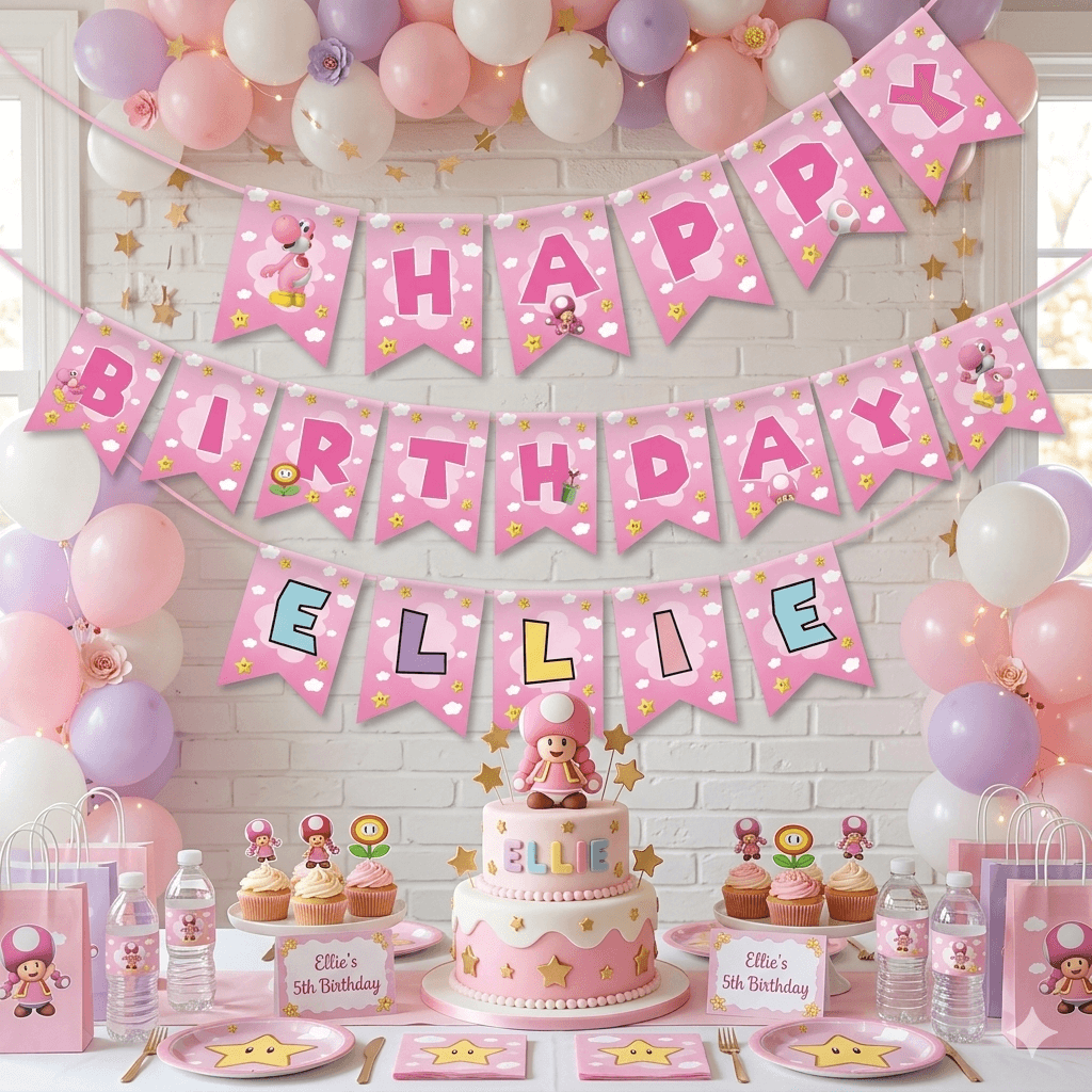 Pink Yoshi Birthday Banner Editable Template – Super Mario Party Banner – Canva Instant Download Printable