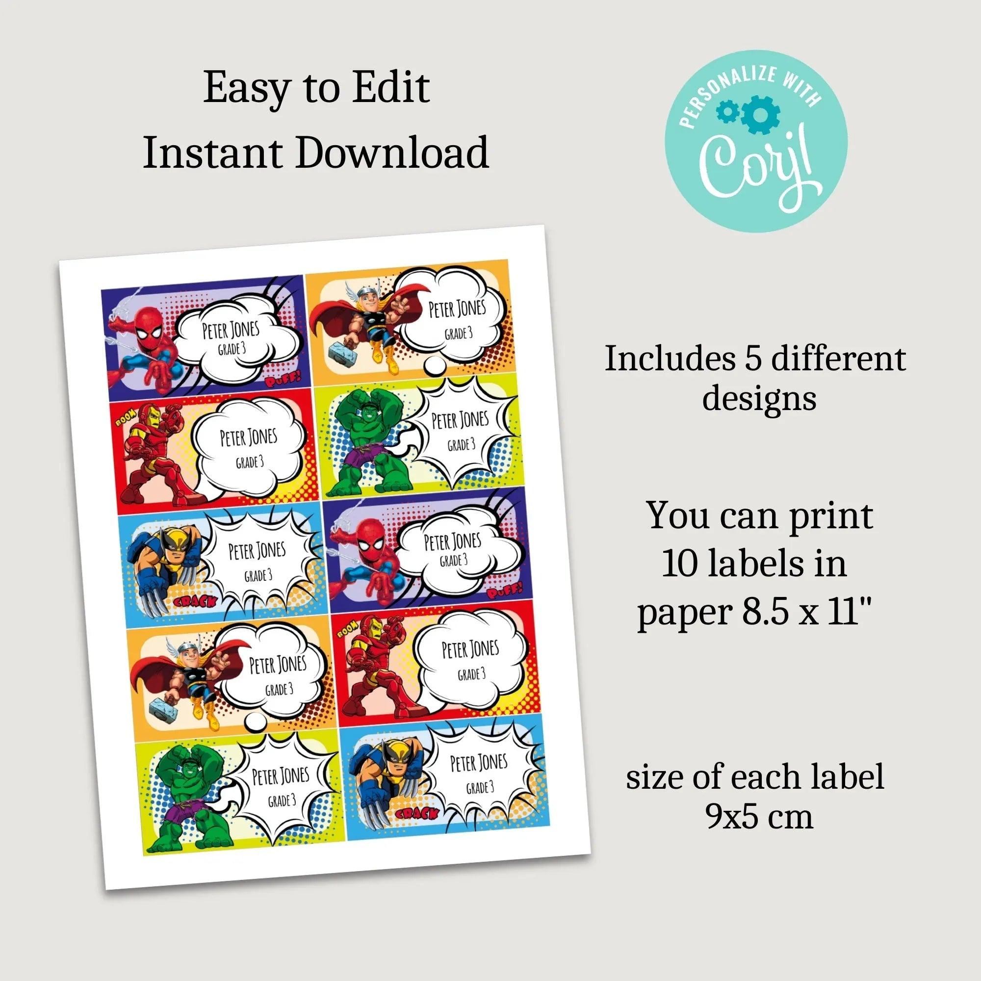 Superheroes Printables Labels, Preschool labels, Personalized kids labels, Children’s Name Labels, School supplies stickers - Lovely Printable Party