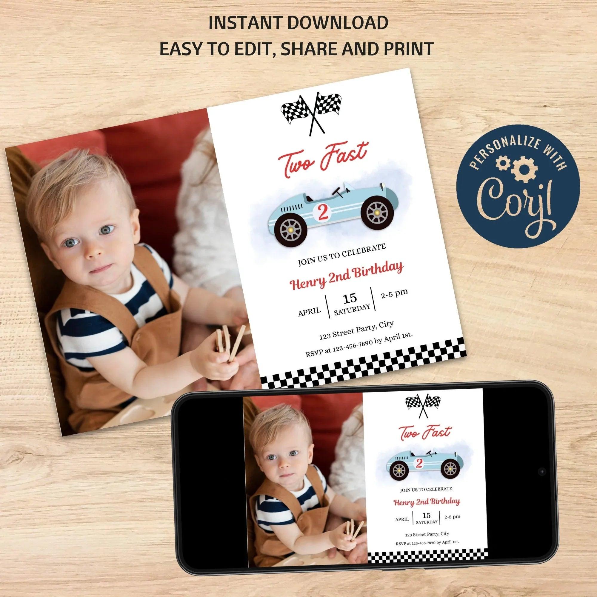 Two Fast Invitation with photo, Vintage Race, 2nd Birthday Invitation, Retro Car Invite, Instant Download, Editable - Lovely Printable Party