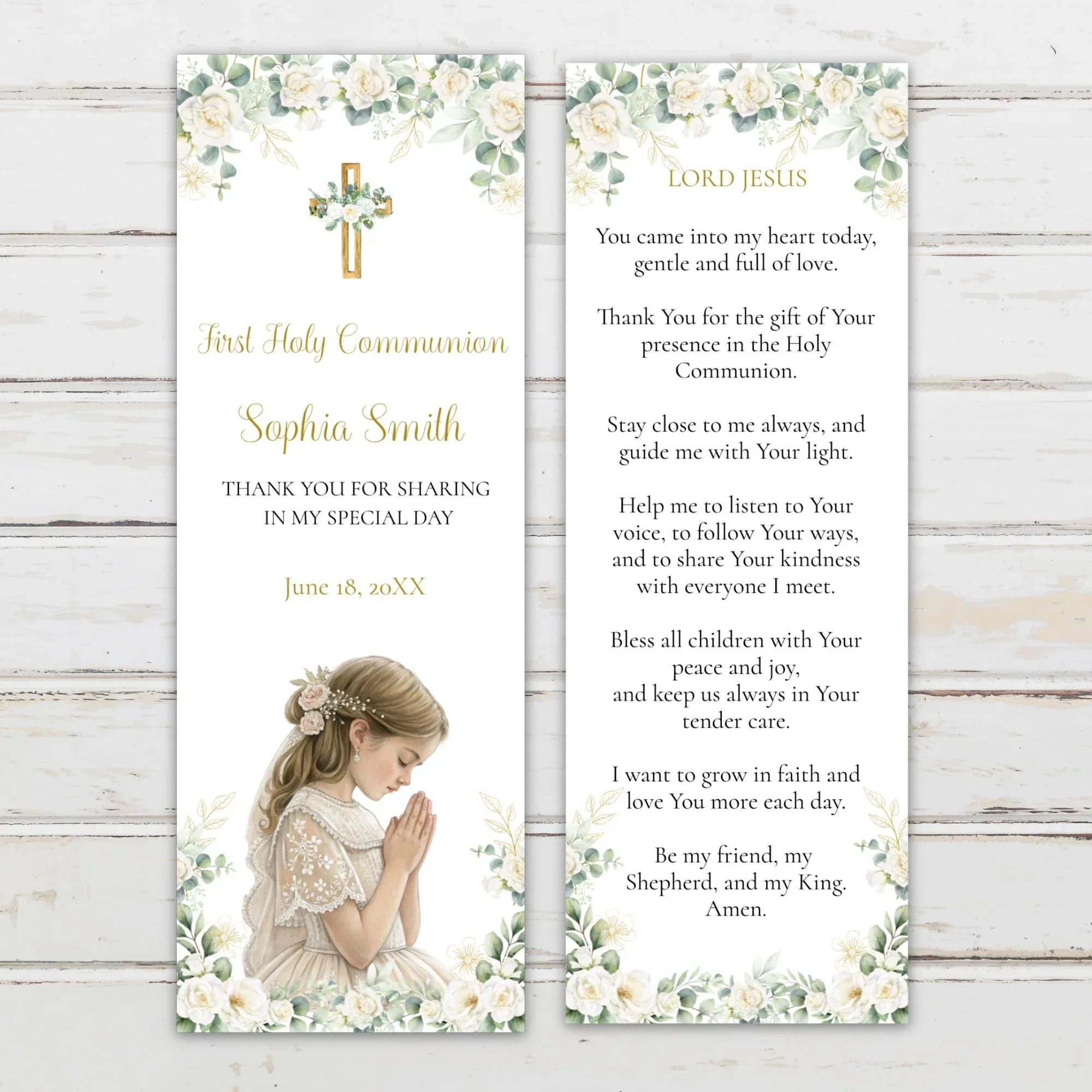 First communion Green and white flowers Bookmark - Lovely Party
