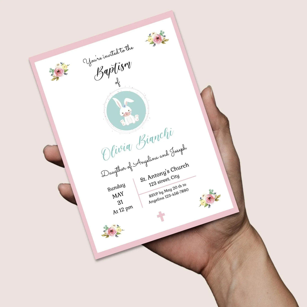 Girl Baptism Invitation – Pink Floral Bunny Theme – Corjl Template – Printable Christening Card - Lovely Printable Party
