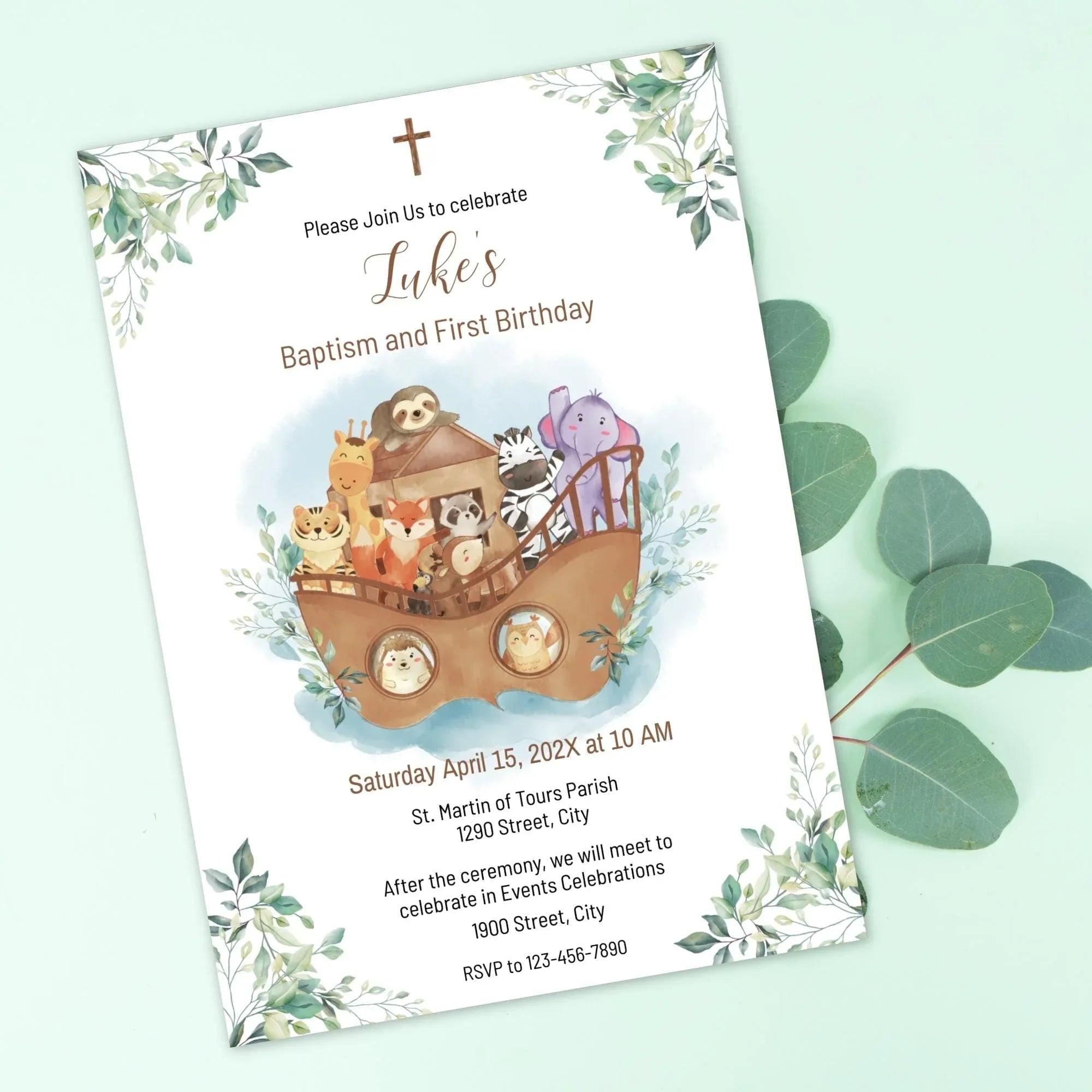 Noah's Ark Baptism & 1st Birthday Invitation Template – Editable Corjl Digital Download - Lovely Printable Party