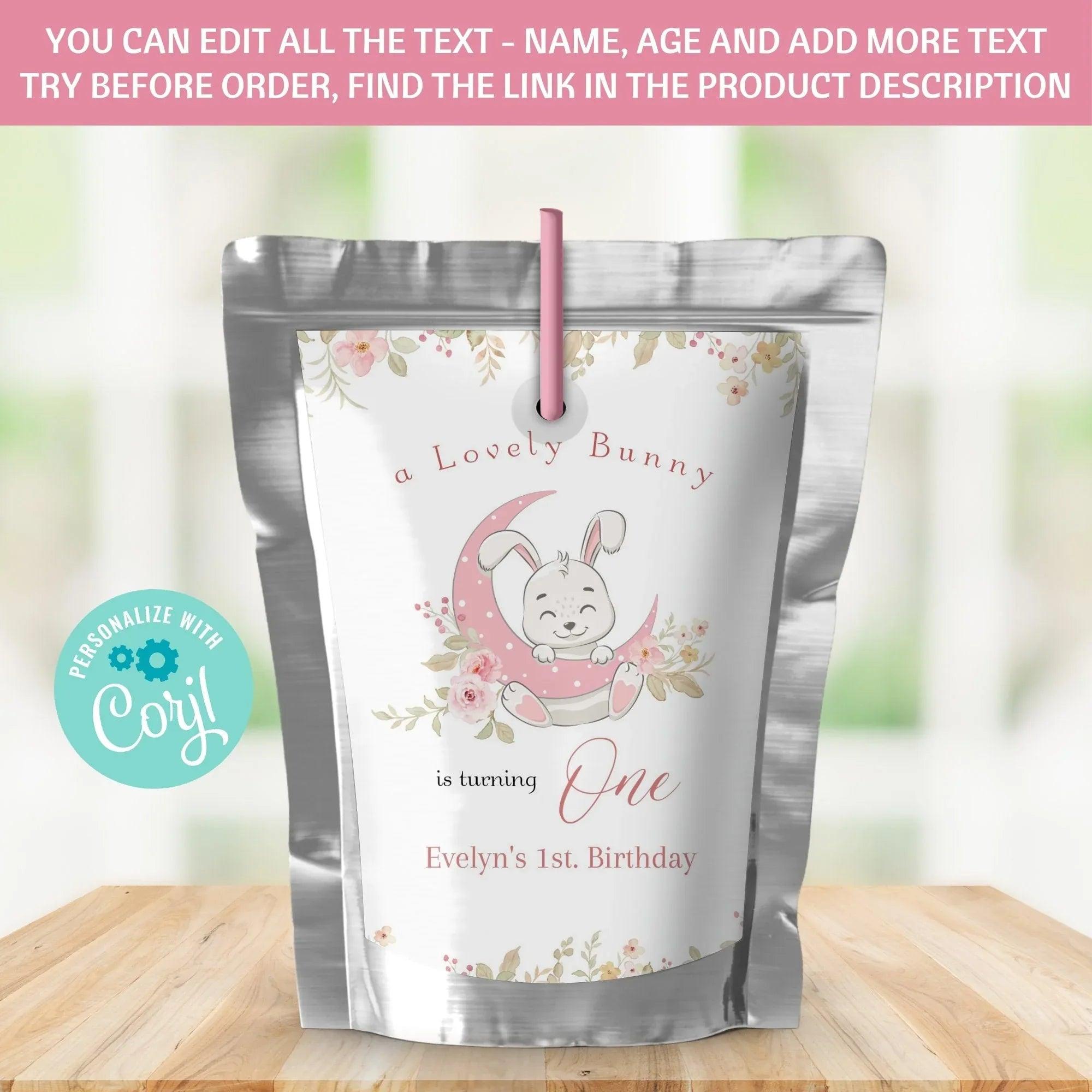 Rabbit party pack, Bundle Bunny, Pink Floral, Invitation, Welcome Sign, Printable Bunny 1st Birthday, Girl Rabbit Party, Digital Editable - Lovely Printable Party