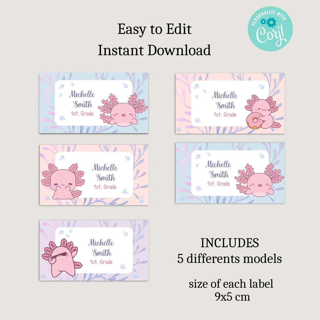 Axolotl School Name Labels - Lovely Printable Party