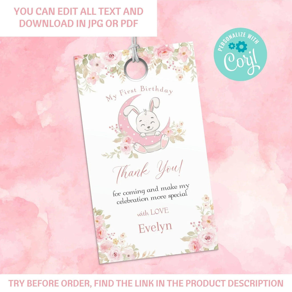 Rabbit party pack, Bundle Bunny, Pink Floral, Invitation, Welcome Sign, Printable Bunny 1st Birthday, Girl Rabbit Party, Digital Editable - Lovely Printable Party