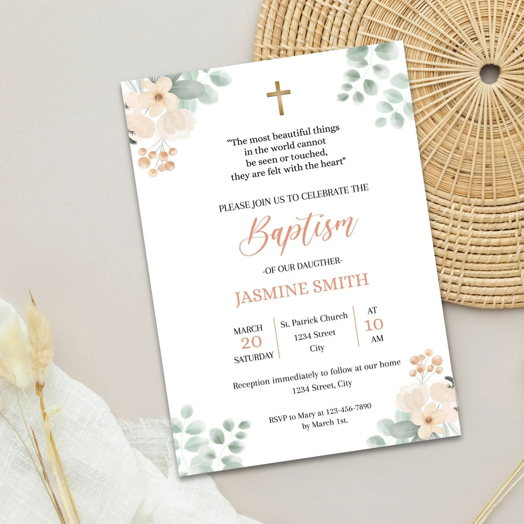 Salmon Flowers Baptism Invitation - Lovely Party