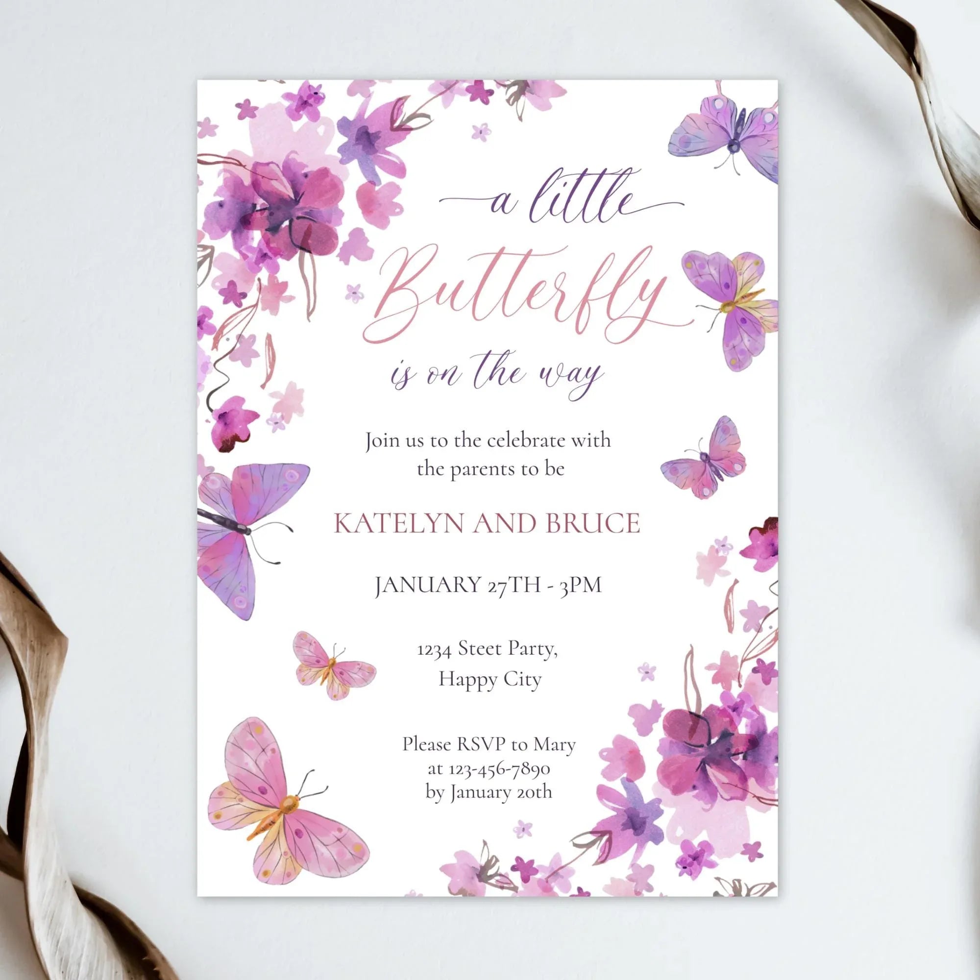 Butterfly Baby Shower Invitation - Pink Purple Corjl Template - Lovely Party