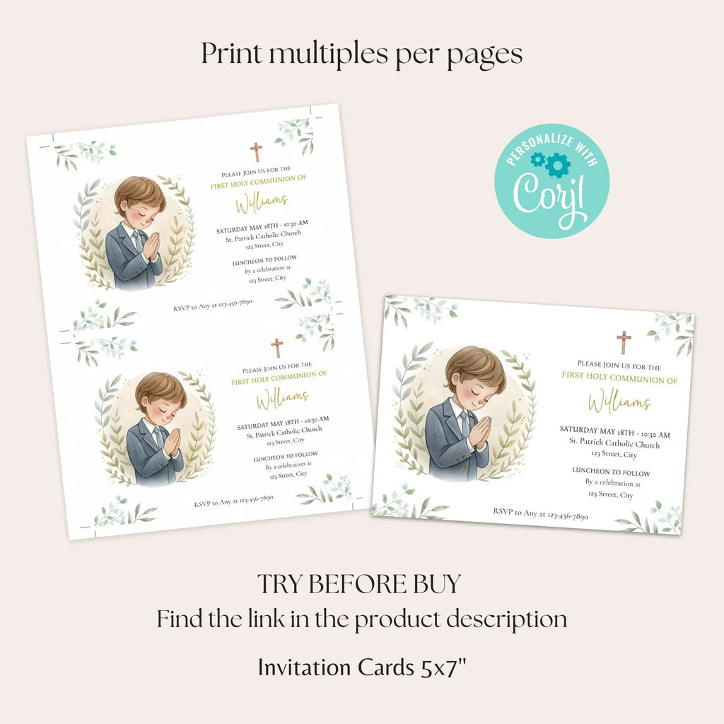 Watercolor First Holy Communion Invitation - Lovely Party