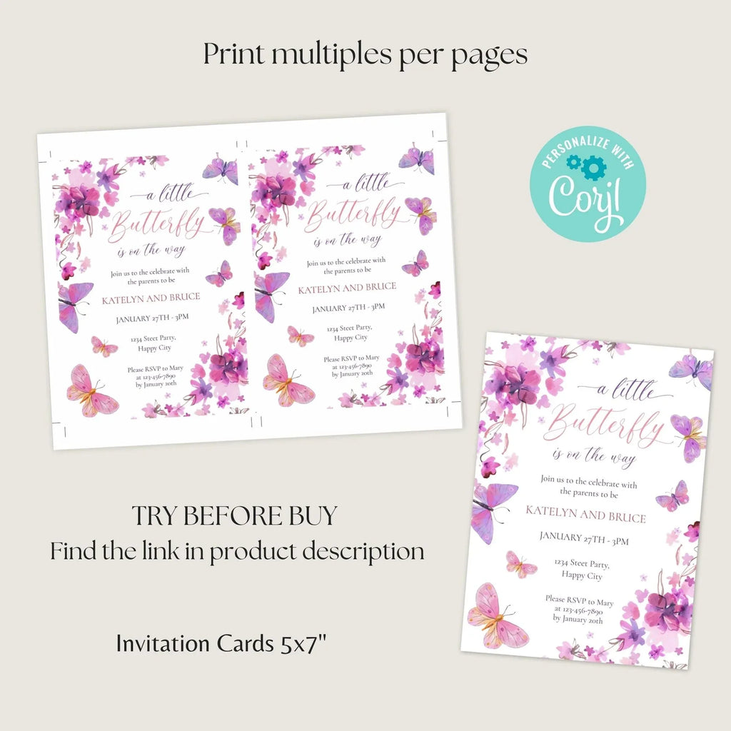 Butterfly Baby Shower Invitation - Pink Purple Corjl Template - Lovely Party