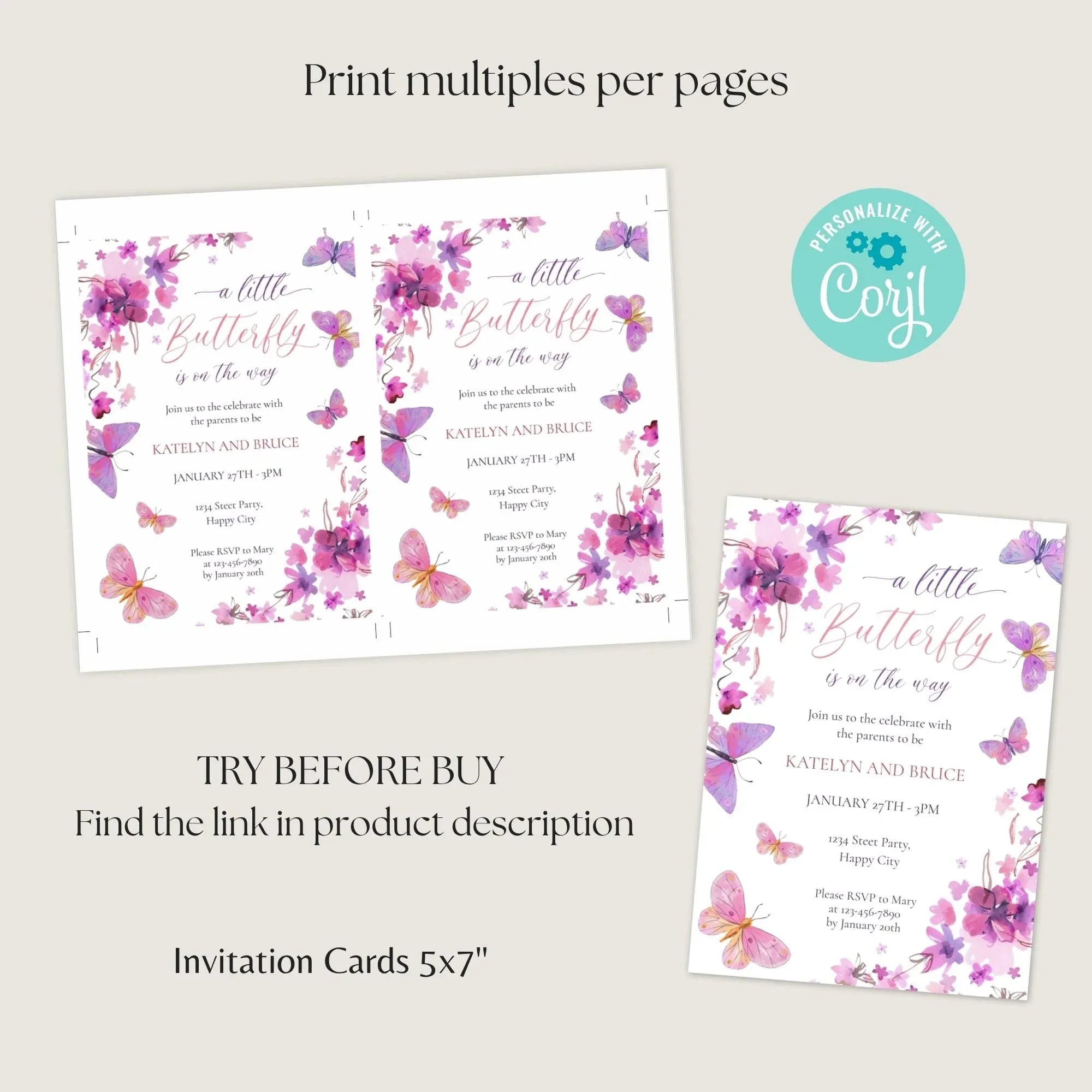 Butterfly Baby Shower Invitation - Pink Purple Corjl Template - Lovely Party