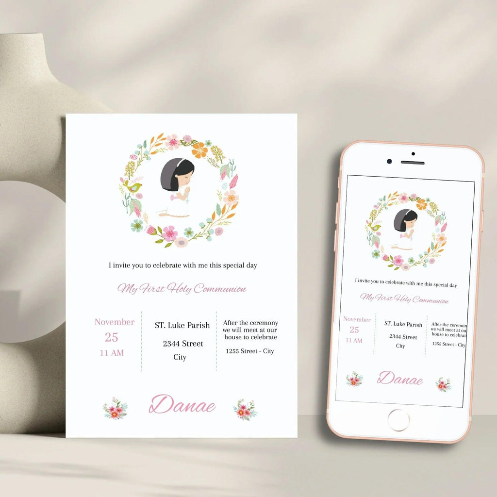 First Holy Communion Invitation Template, Communion Invite, Editable First Communion Invitation, Girl Communion Invite - Lovely Printable Party