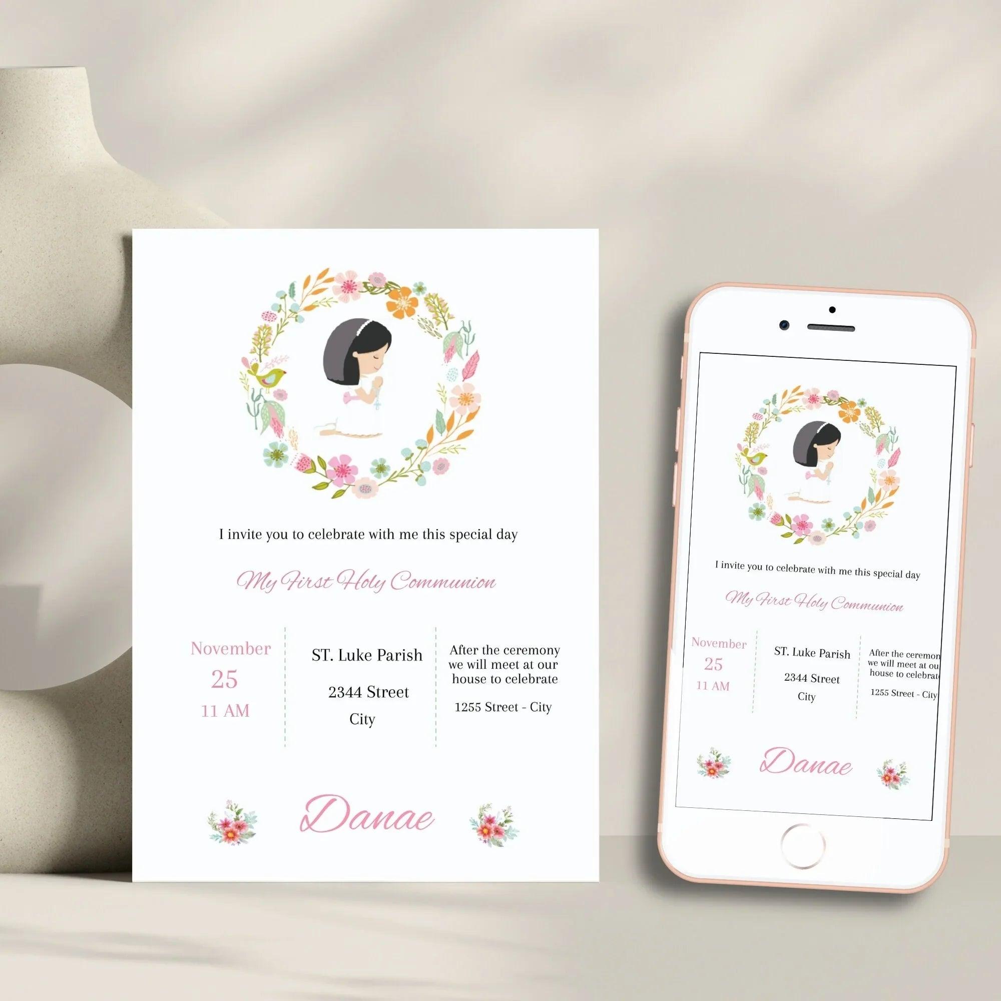 First Holy Communion Invitation Template, Communion Invite, Editable First Communion Invitation, Girl Communion Invite - Lovely Printable Party