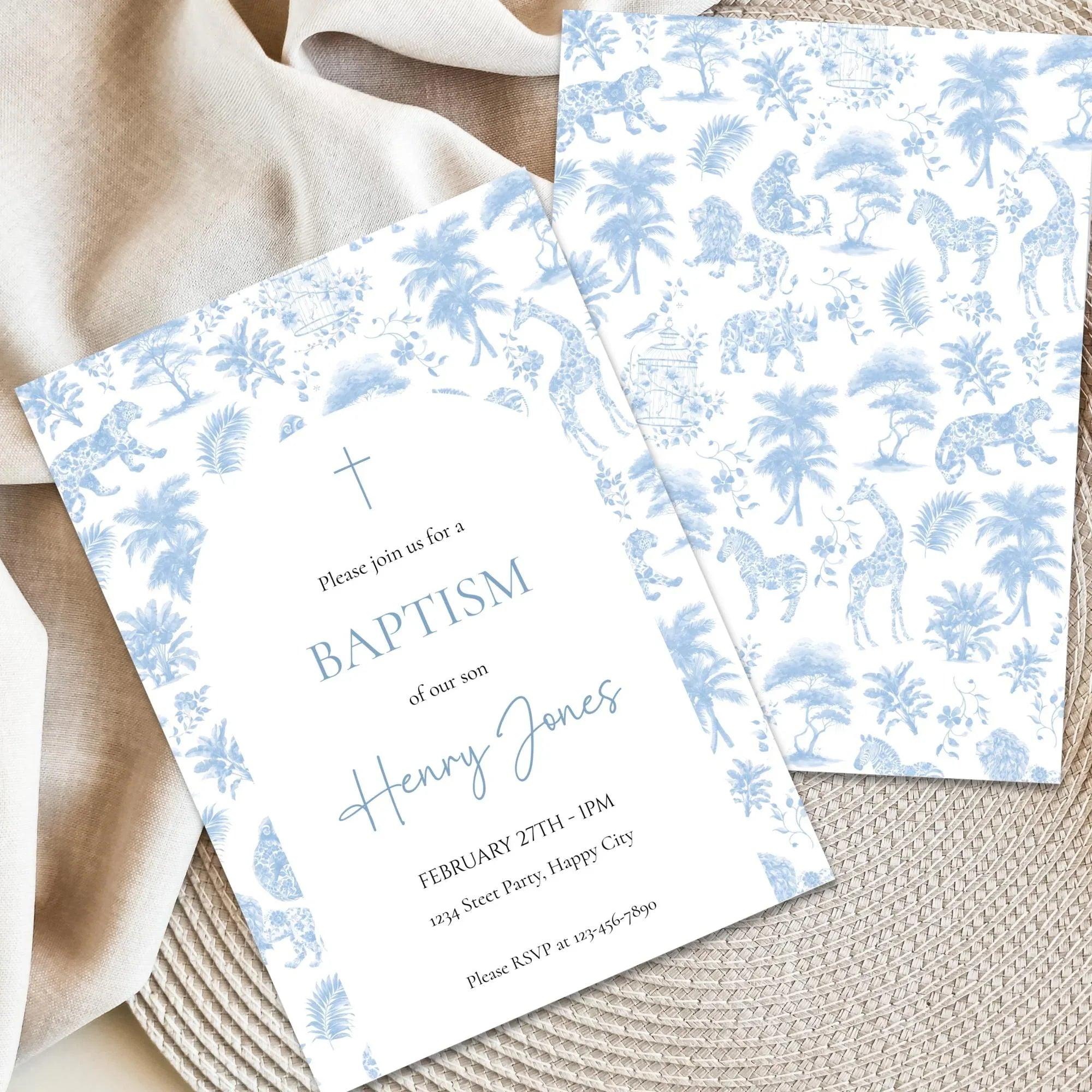 Blue Toile de Jouy Baptism Bundle – Invitation, Welcome Sign & Favor Tag – Safari Jungle Animals Party Set – Editable and Printable - Lovely Printable Party