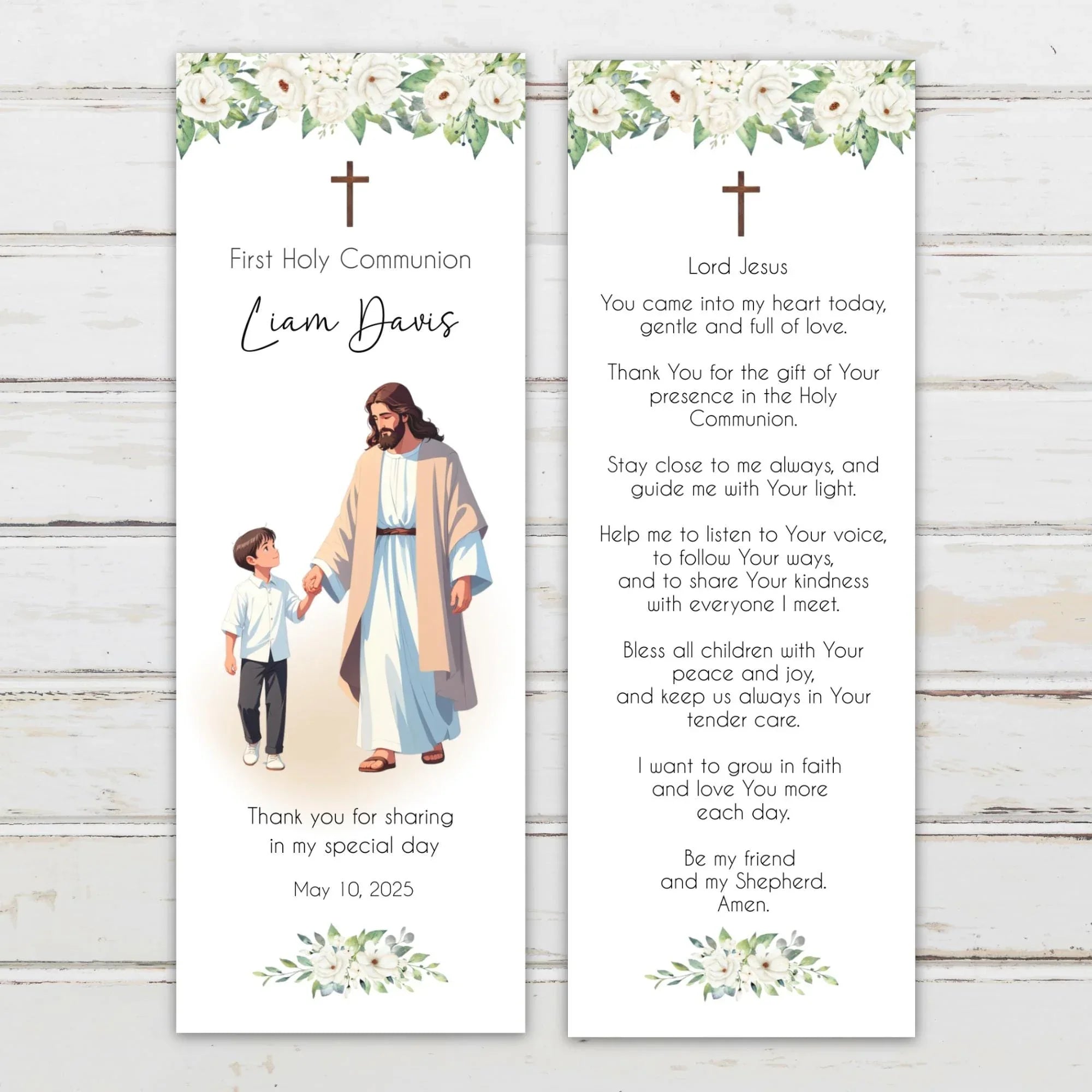 Jesus and boy white flowers Communion Bookmark - Lovely Party