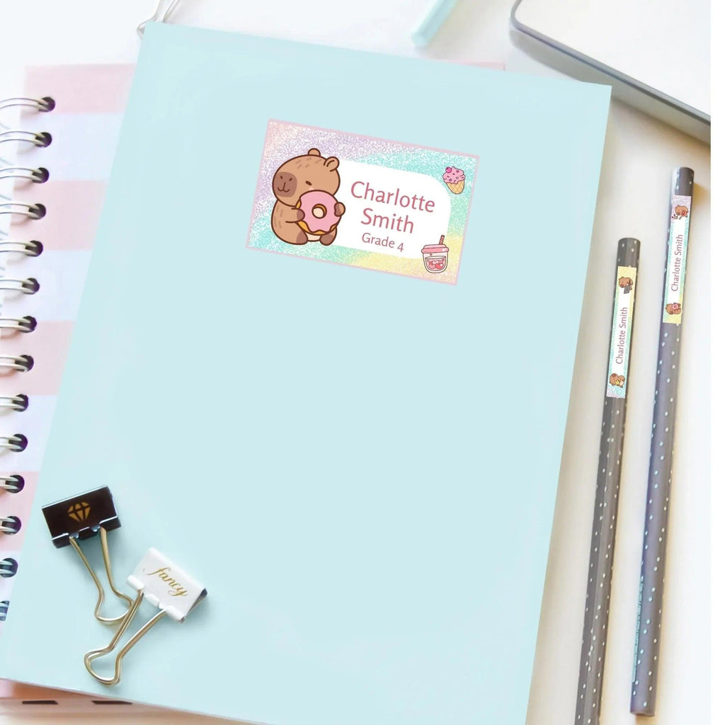 Kawaii Capybara School Name Labels – Cute Kawaii Capybara Sticker Set – Pastel Donut & Laptop Designs – Printable Name Tags for Kids - Lovely Printable Party