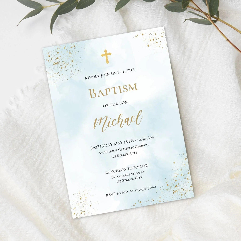 Catholic Baptism Invitation Boy | Editable Christening Invitation Template | Baby Baptism Digital Invite | Printable Baptism Card for Son - Lovely Printable Party