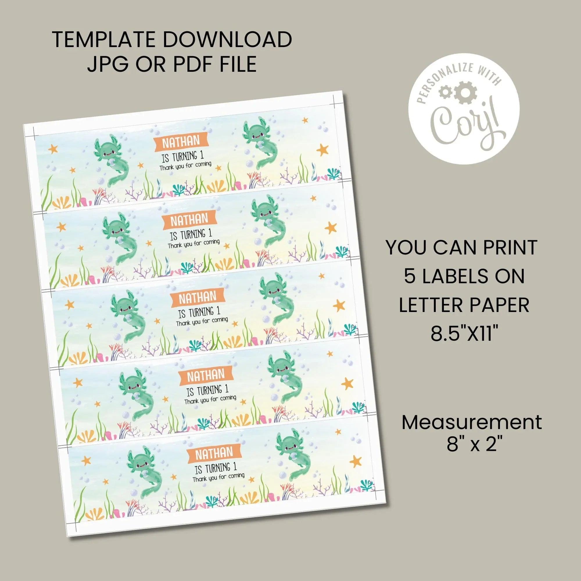 Axolotl Water Bottle Labels | Instant Download Digital Template - Lovely Printable Party