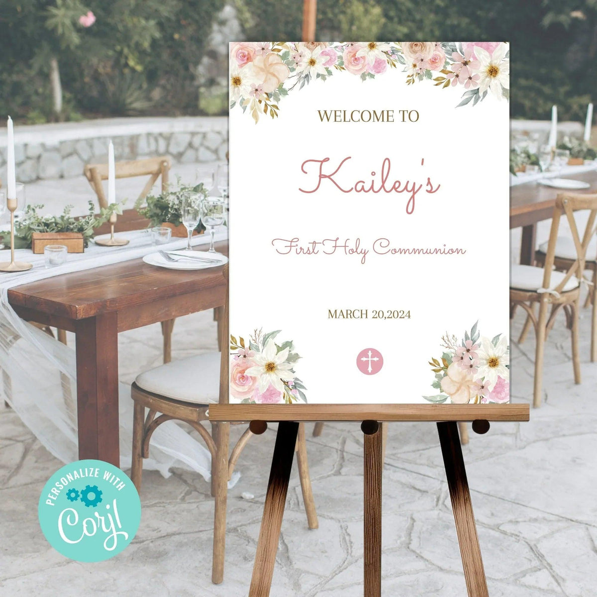 Pink Flowers First Holy Communion Welcome Sign Template, Custom Welcome Sign, Editable First Communion Welcome Sign - Lovely Printable Party
