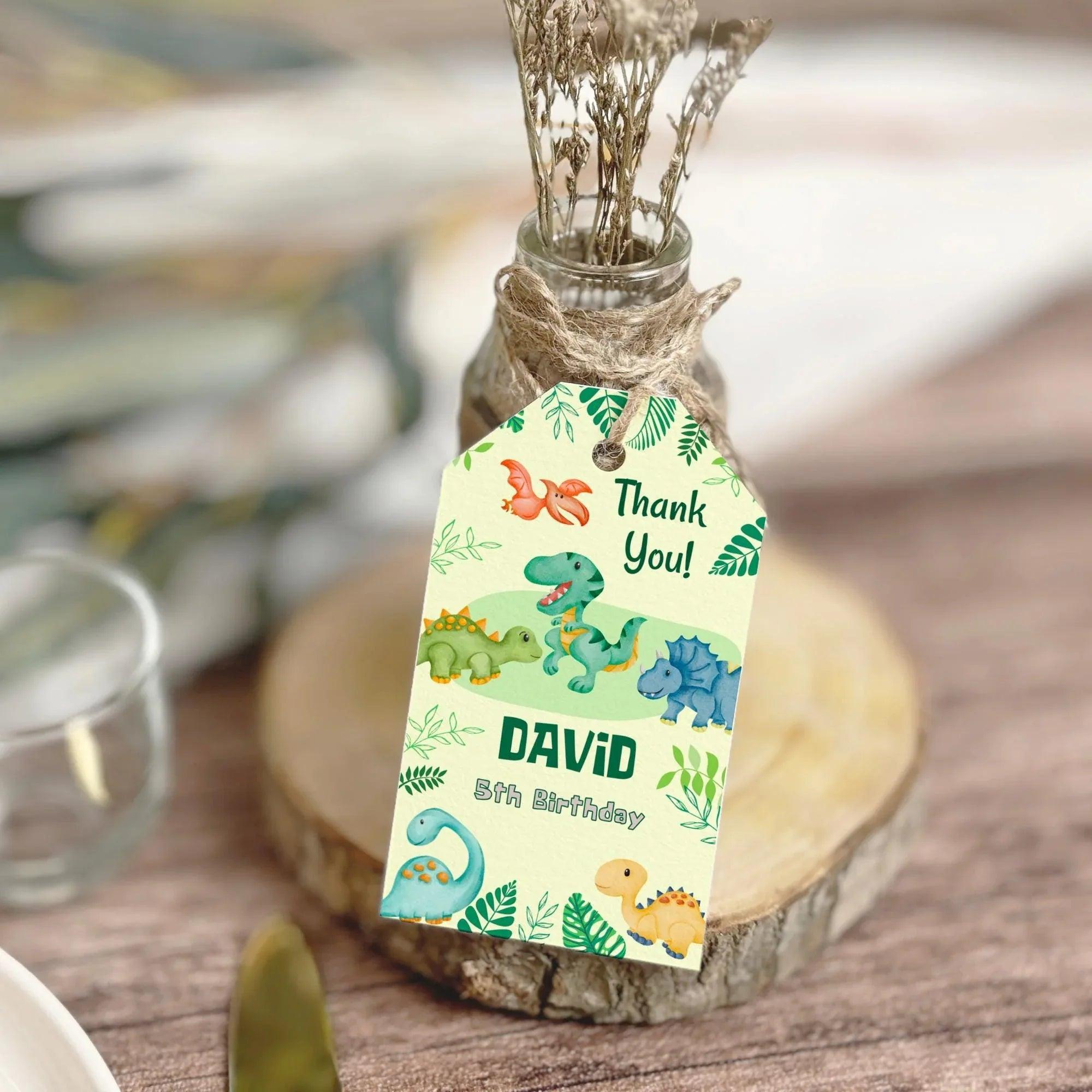 Editable Dinosaur Thank You Tags | Green Jungle Party Favor Tags | Cute Watercolor Dino Theme | Digital Corjl Template for Boys Birthday - Lovely Printable Party
