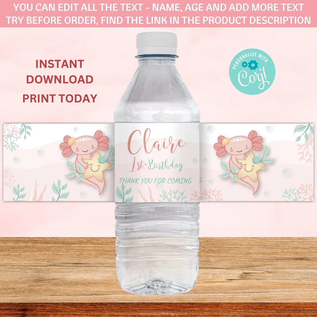 Axolotl water bottle label Instant Download Digital Template - Lovely Printable Party