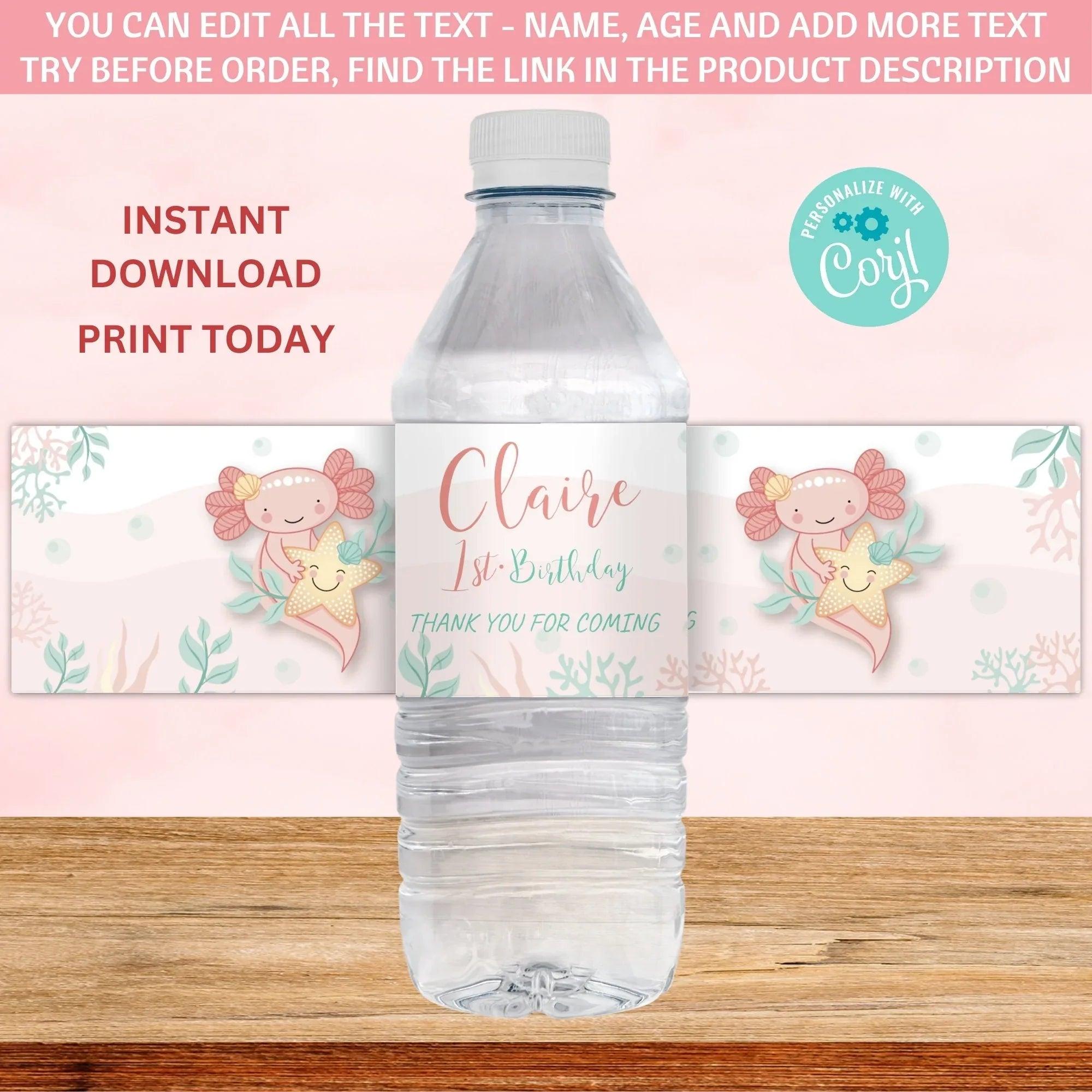 Axolotl water bottle label Instant Download Digital Template - Lovely Printable Party