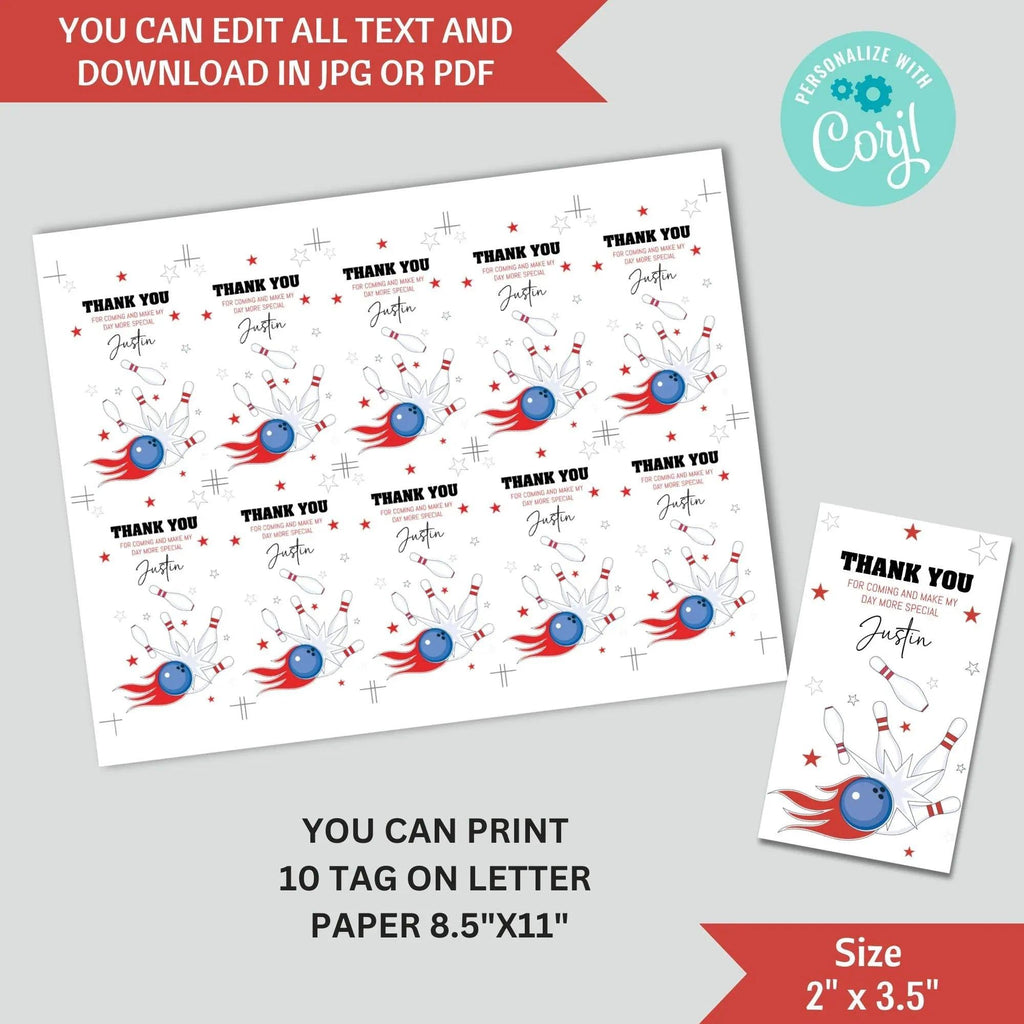 Editable Bowling Birthday Invitation and tag Minimalist - Bowling Birthday Invitation - Bowling Party tag - Customizable template - Lovely Printable Party