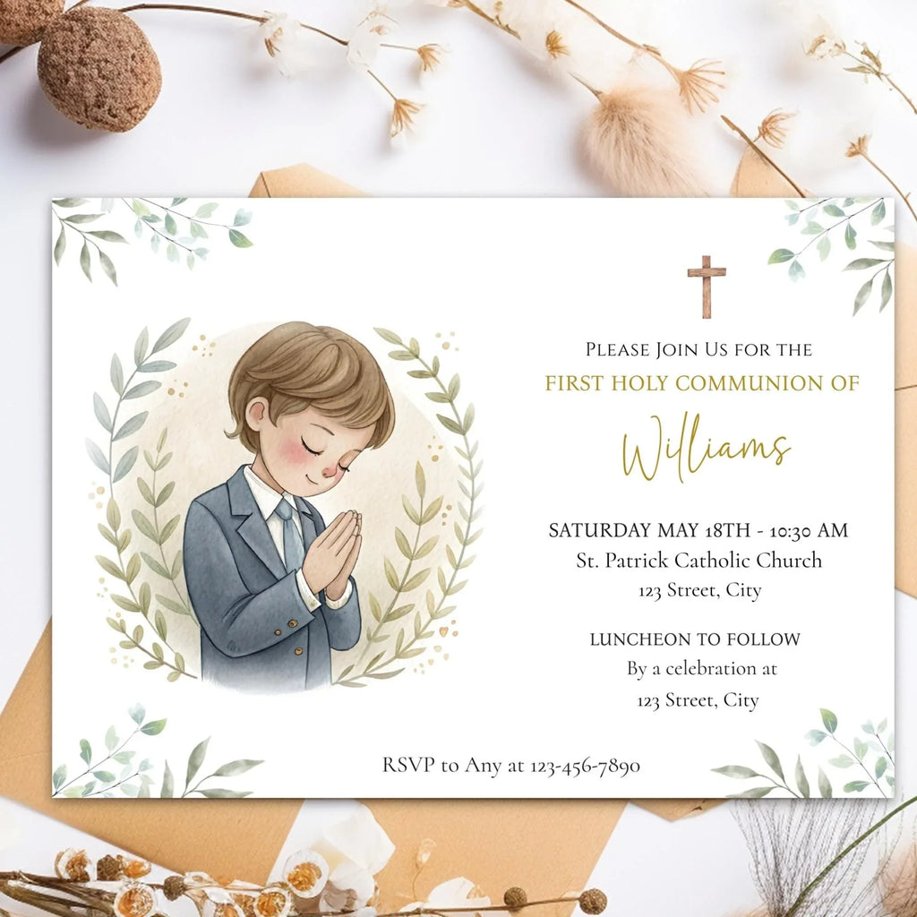 Watercolor First Holy Communion Invitation - Lovely Party