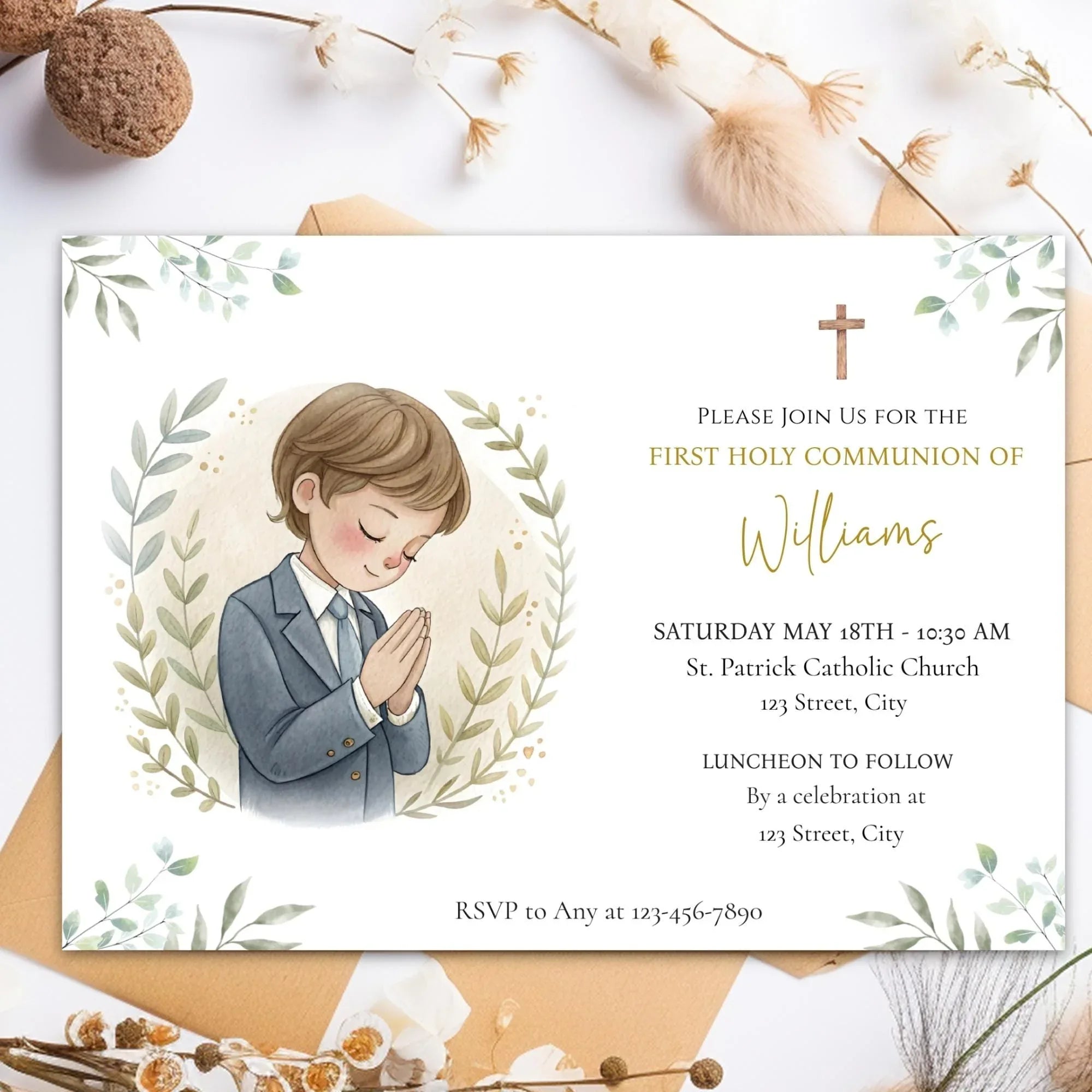 Watercolor First Holy Communion Invitation - Lovely Party