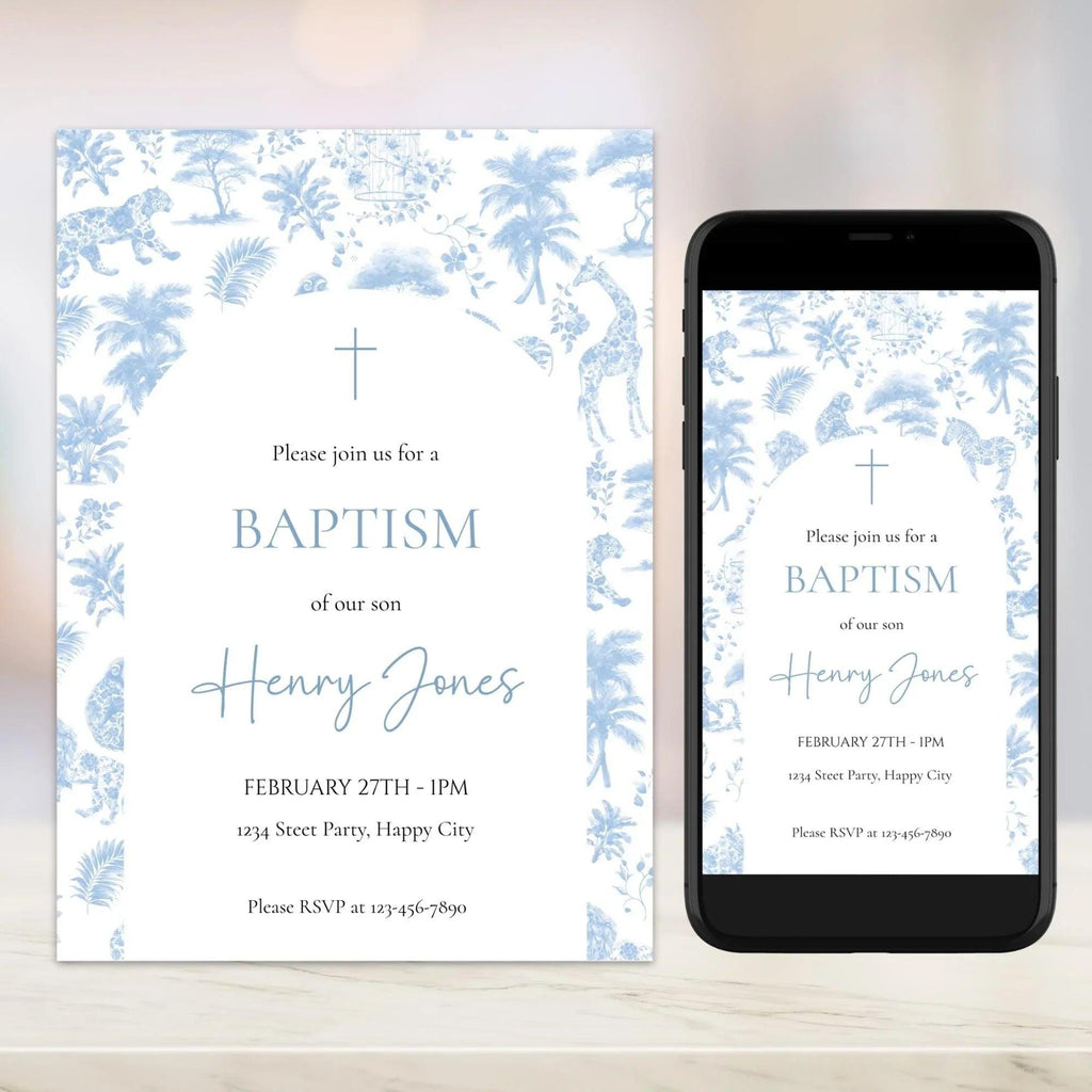 Boy Baptism Invitation Safari Toile | Blue Jungle Editable Corjl Template | Digital Christening Invite - Lovely Printable Party