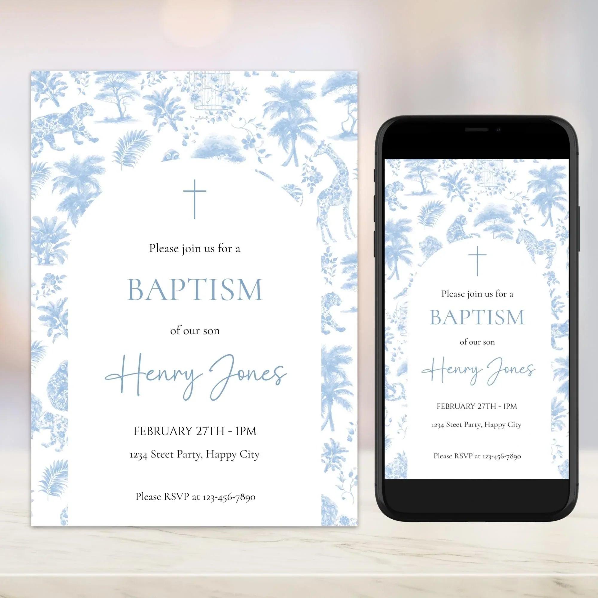 Boy Baptism Invitation Safari Toile | Blue Jungle Editable Corjl Template | Digital Christening Invite - Lovely Printable Party