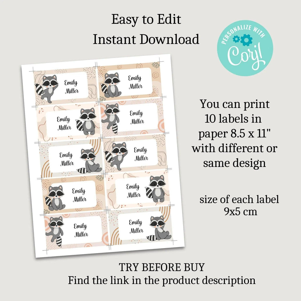 Raccoon Sticker, Kids name labels, School name labels, Classroom Labels, School supply labels, Custom text sticker - Lovely Printable Party