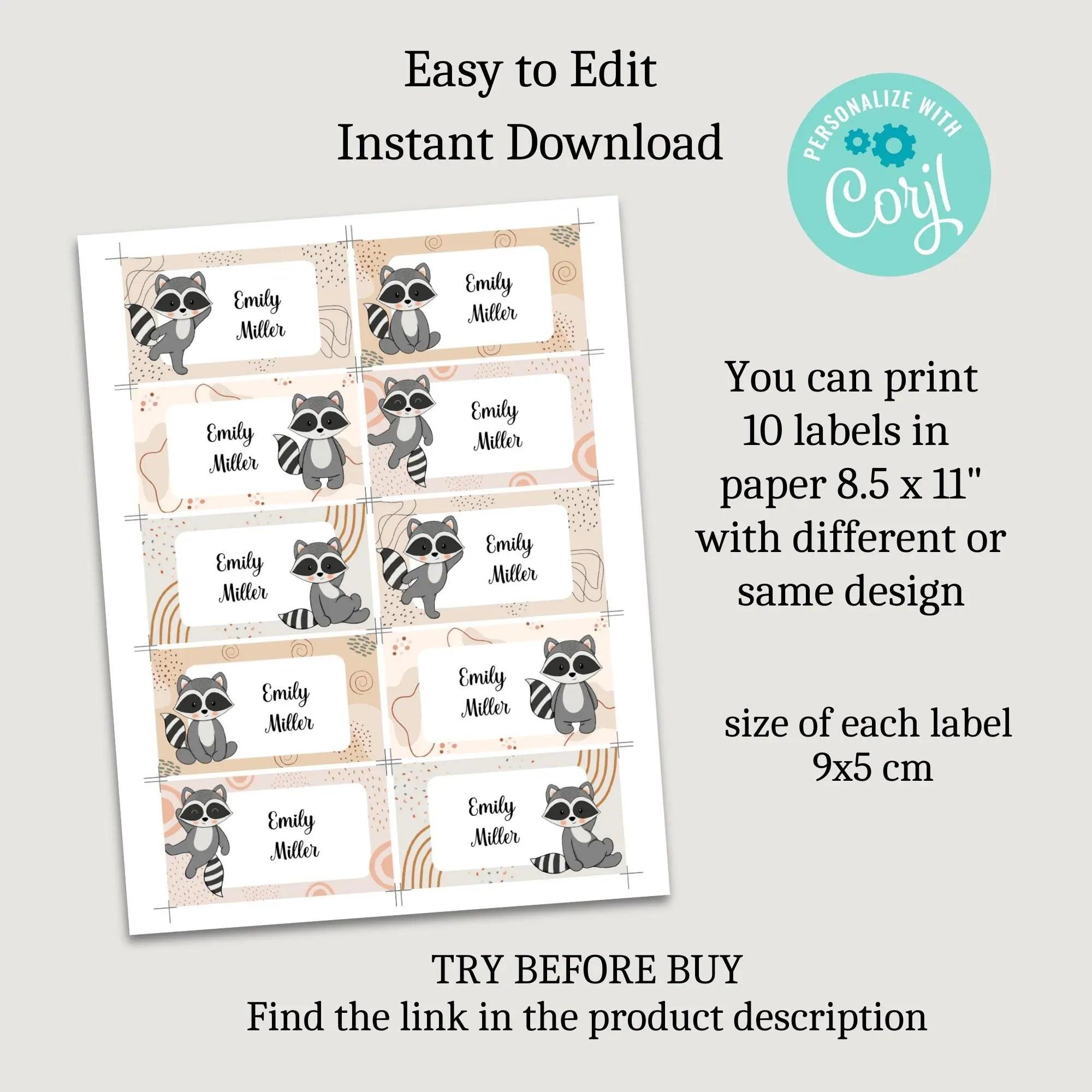 Raccoon Sticker, Kids name labels, School name labels, Classroom Labels, School supply labels, Custom text sticker - Lovely Printable Party
