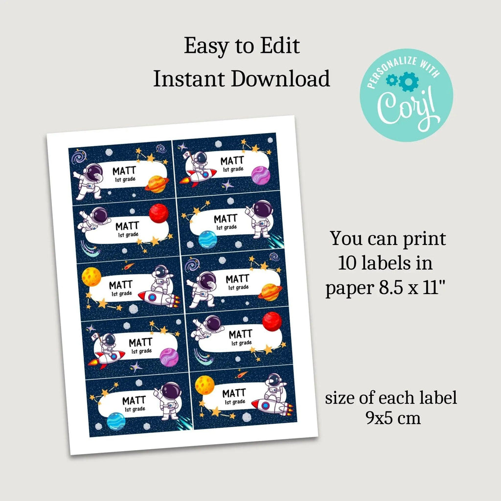 Editable Space Name Labels for Kids | Astronaut School Tags | Back to School Supplies | Personalized Corjl Template | Instant Download - Lovely Printable Party