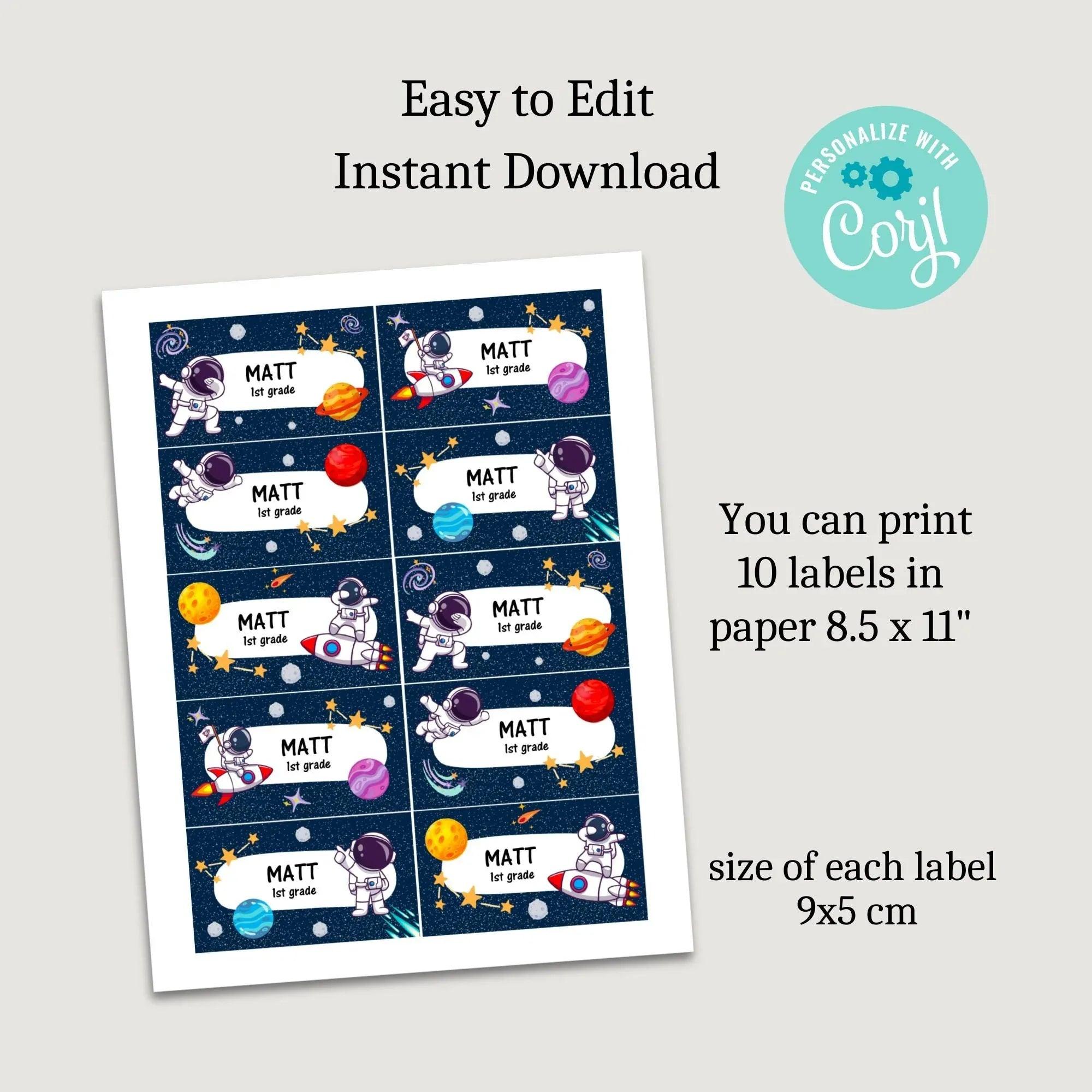 Editable Space Name Labels for Kids | Astronaut School Tags | Back to School Supplies | Personalized Corjl Template | Instant Download - Lovely Printable Party