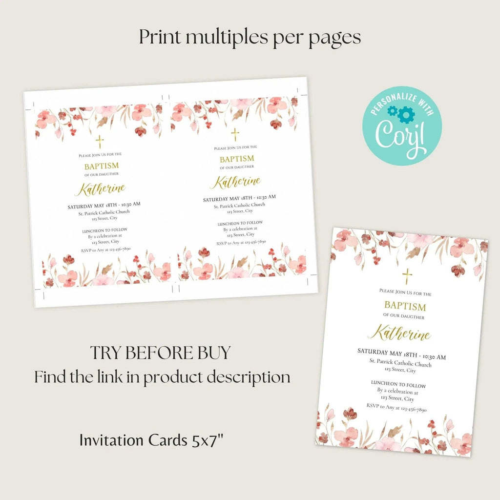 Pink Flowers Baptism Invitation Template, Custom Baptism Invite, Editable Baptism Invitation, Girl Baptism Invite - Lovely Printable Party