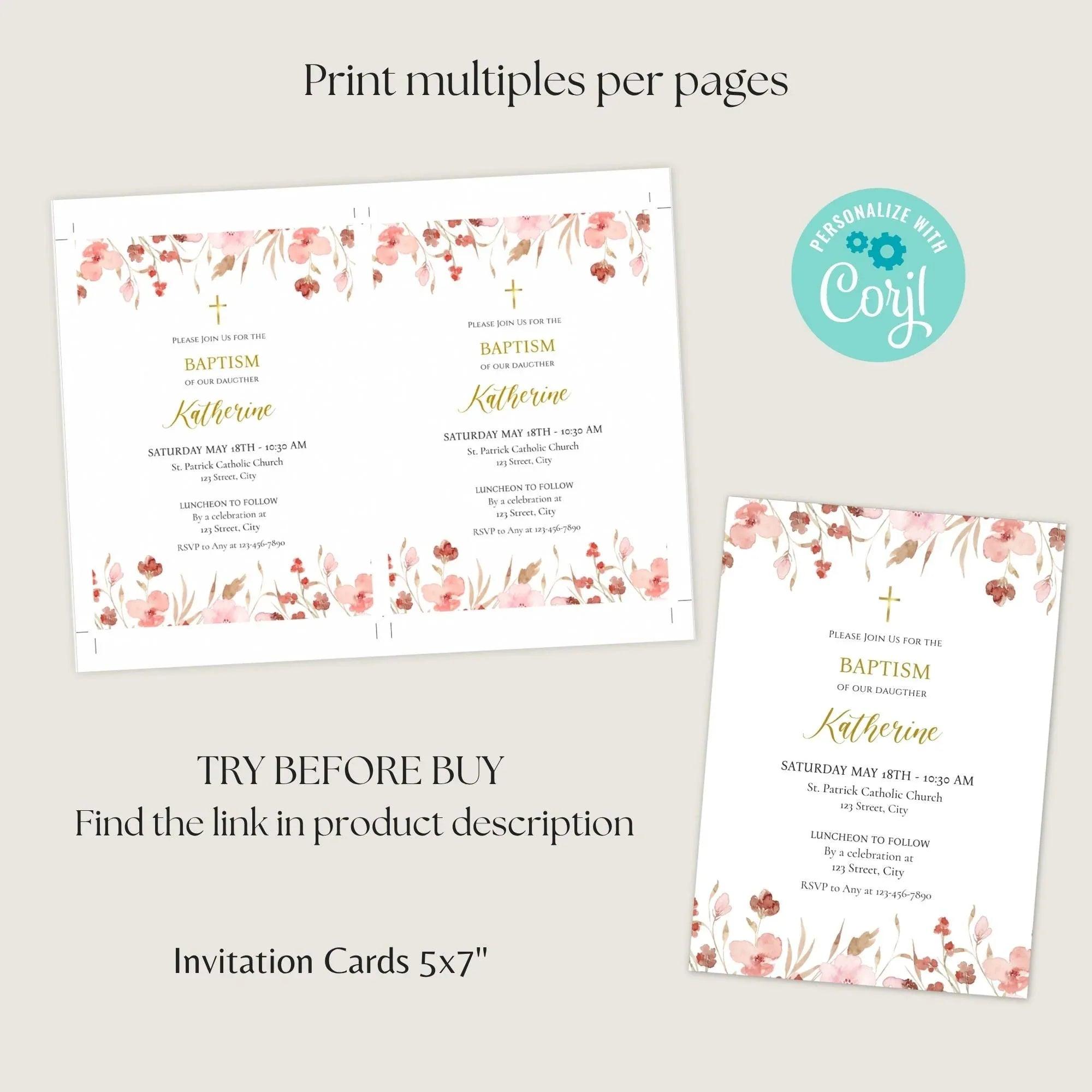 Pink Flowers Baptism Invitation Template, Custom Baptism Invite, Editable Baptism Invitation, Girl Baptism Invite - Lovely Printable Party