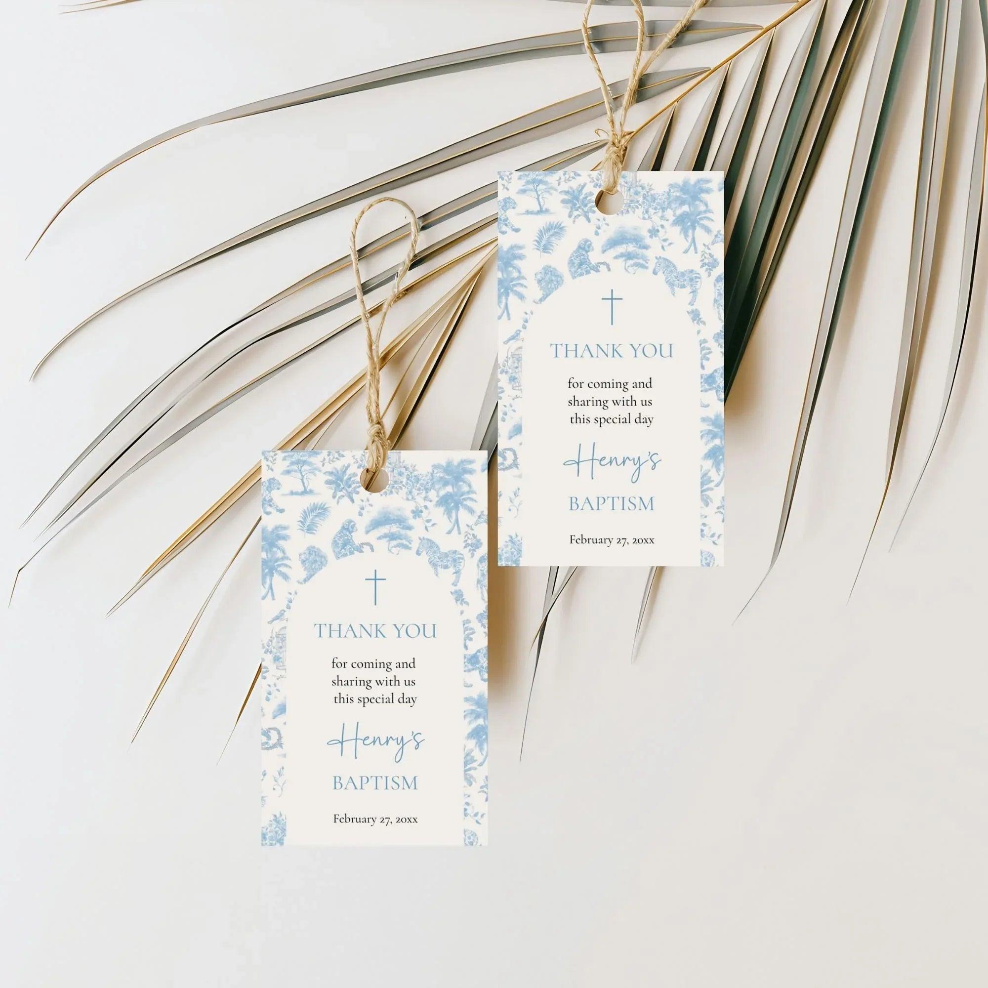 Blue Toile de Jouy Baptism Bundle – Invitation, Welcome Sign & Favor Tag – Safari Jungle Animals Party Set – Editable and Printable - Lovely Printable Party
