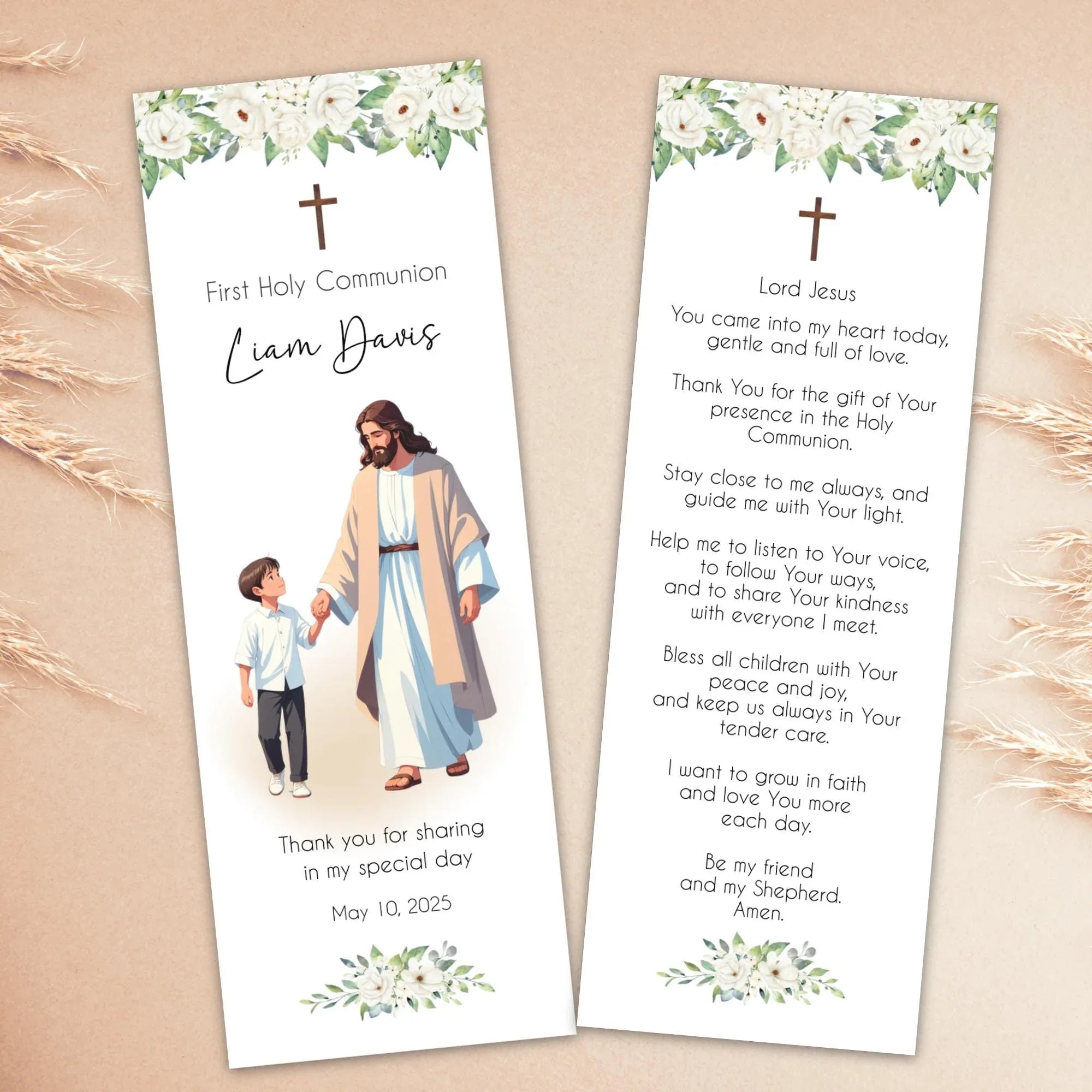 Jesus and boy white flowers Communion Bookmark - Lovely Party