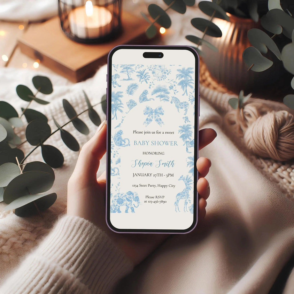 Blue Toile de Jouy Baby Shower Bundle – Invitation, Welcome Sign & Favor Tag – Safari Jungle Animals Party Set – Editable and Printable - Lovely Printable Party