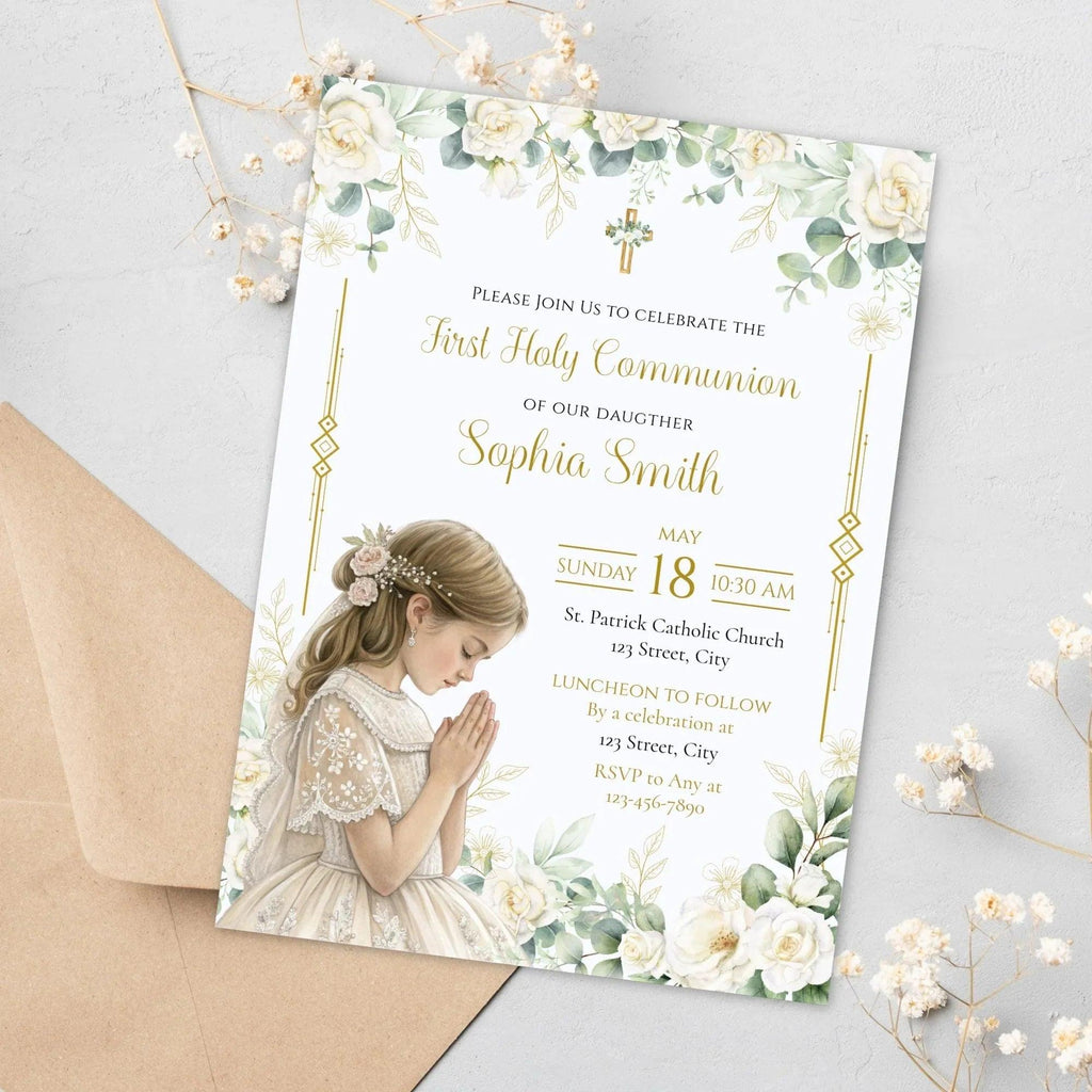 First Holy Communion, Invitation Template, Girl First Communion Invite, Editable First Communion Invitation Girl, Instant Download - Lovely Printable Party