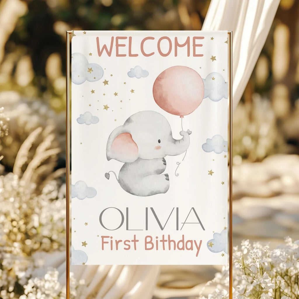 Baby Elephant Birthday Welcome Sign - Editable Corjl Template - Lovely Party