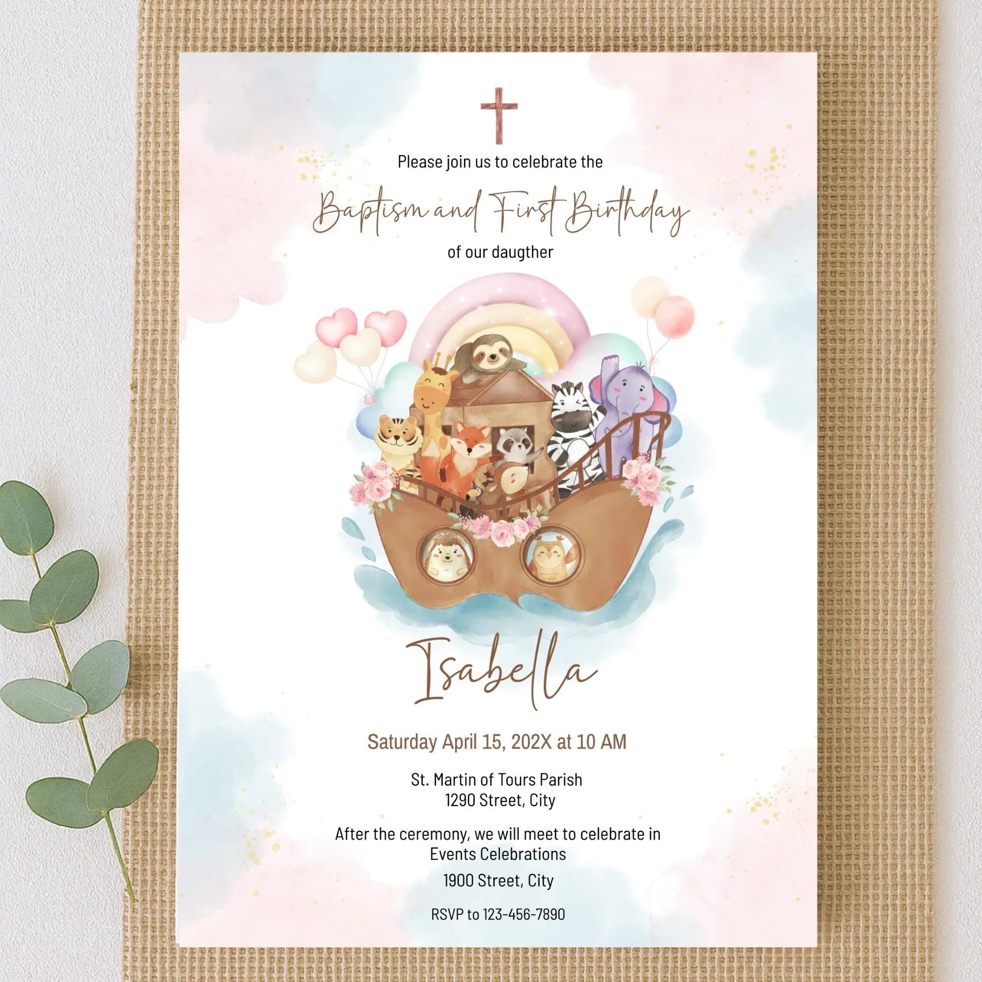 Girl Noah's Ark Baptism and First Birthday Invitation - Lovely Party