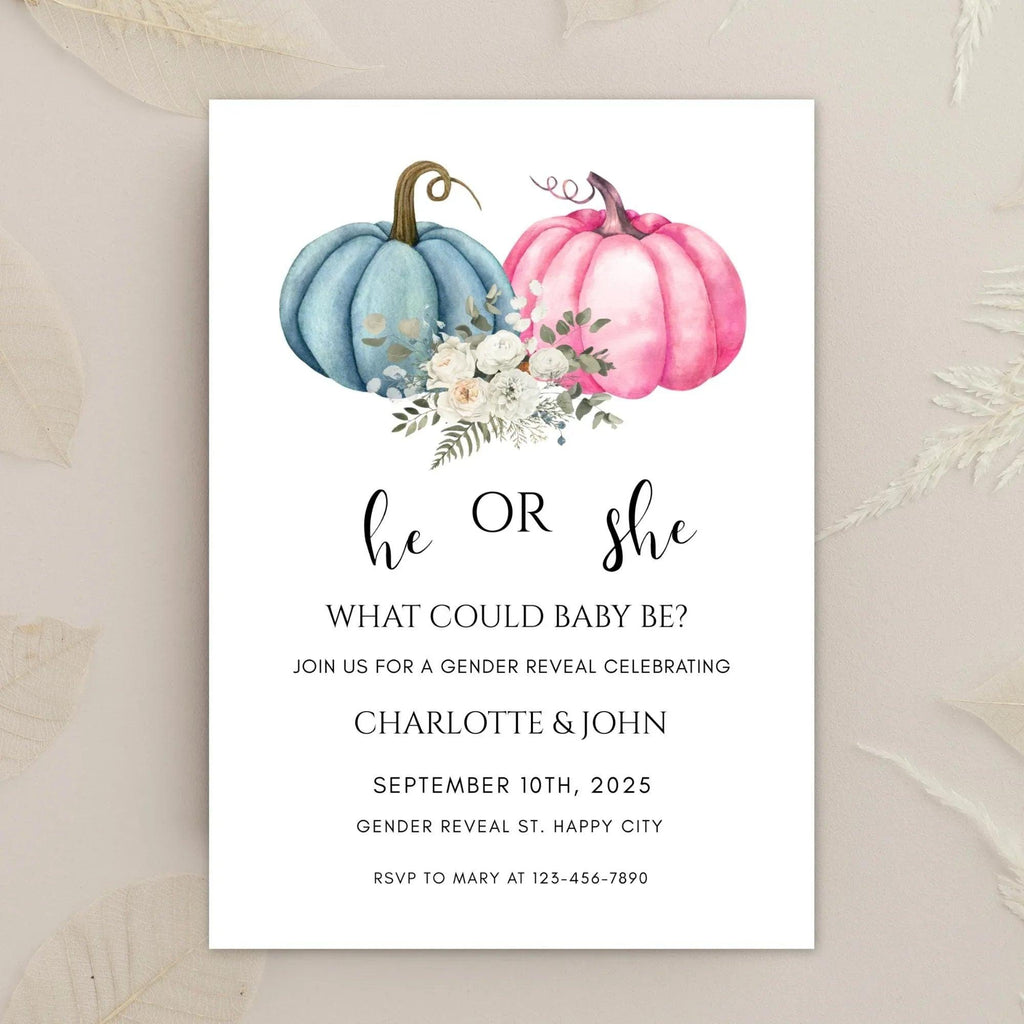He or She Pumpkin Gender Reveal Invitation – Fall Baby Shower – Editable Template – Corjl Digital Download - Lovely Printable Party