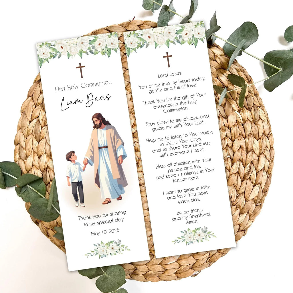 Jesus and boy white flowers Communion Bookmark - Lovely Party